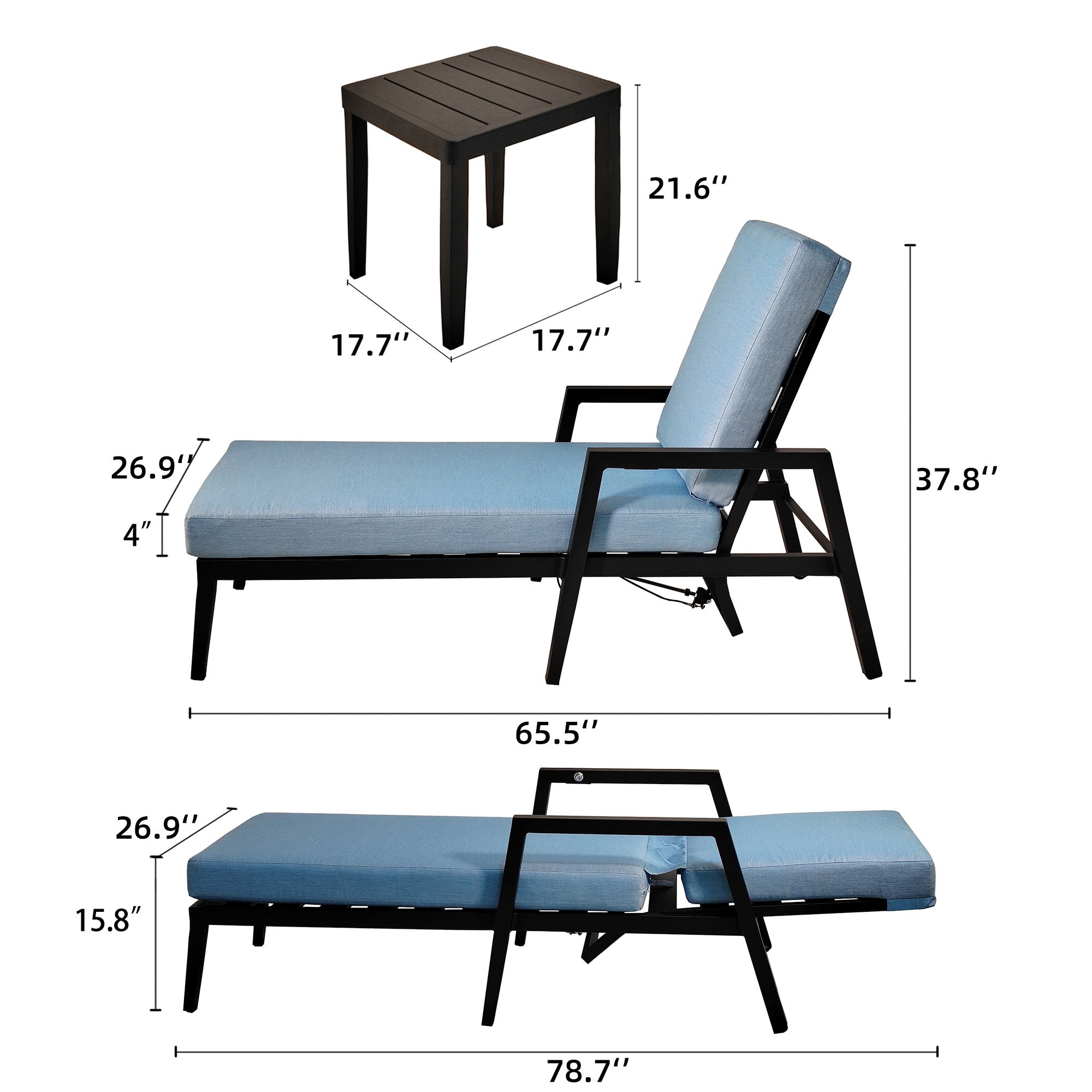 Ensemble de 3 chaises longues d'extérieur en aluminium avec 2 chaises longues et 1 table d'appoint