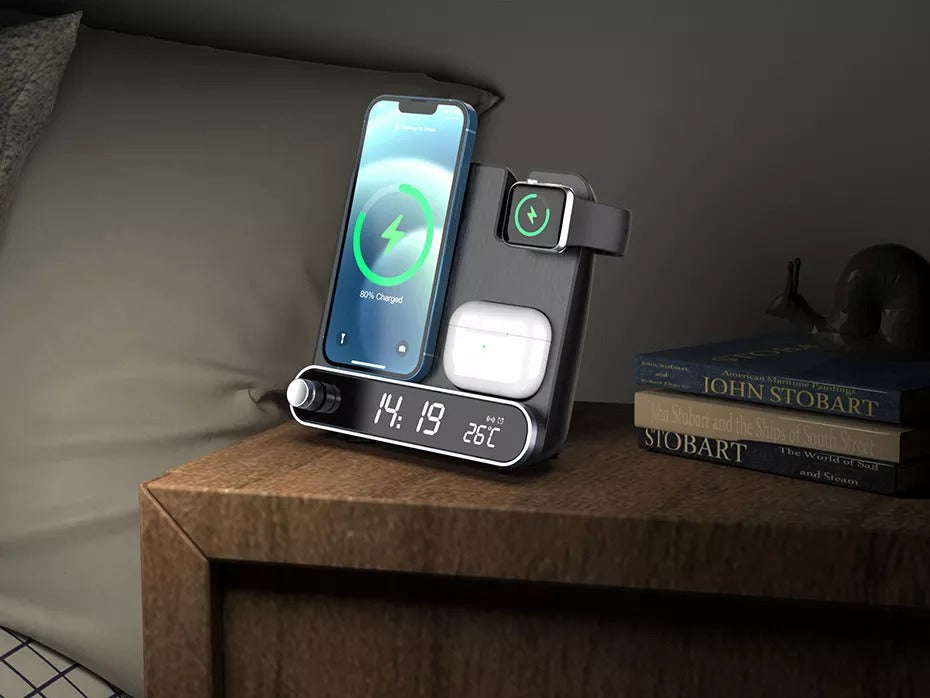 Multi functional clock wireless charging watch earphone wireless charging thermometer wireless charging 15W wireless charging