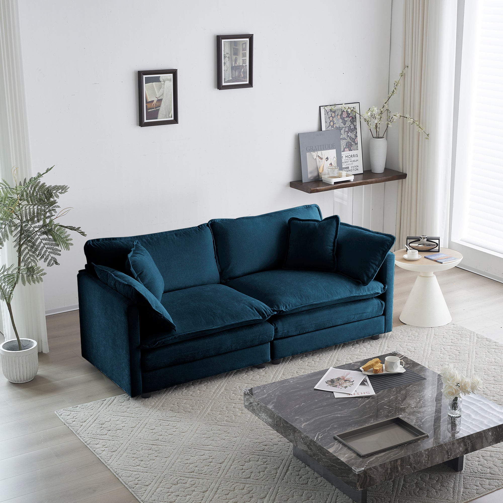 Canapé causeuse moderne en tissu pour salon, canapé 2 places rembourré, grande taille, siège profond, avec 4 oreillers, chenille bleue