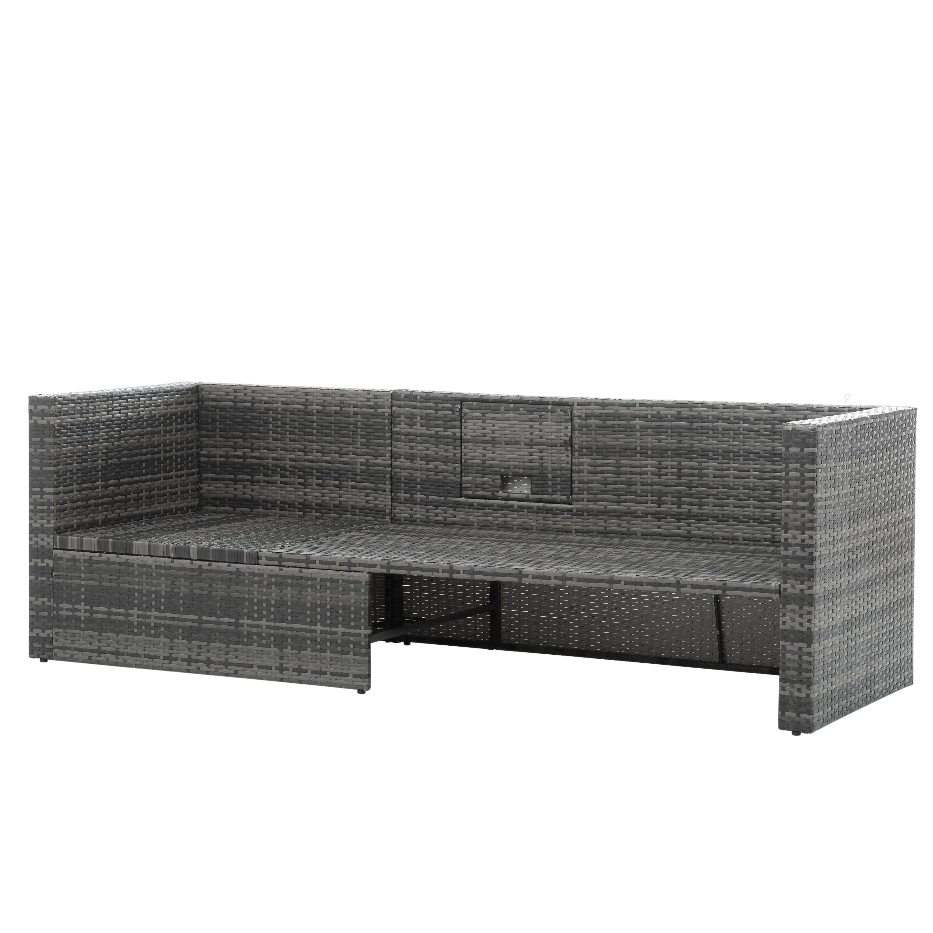 Mobilier de jardin, mobilier d'extérieur, mobilier saisonnier en osier PE, ensemble de 5 meubles en osier avec table basse en contreplaqué