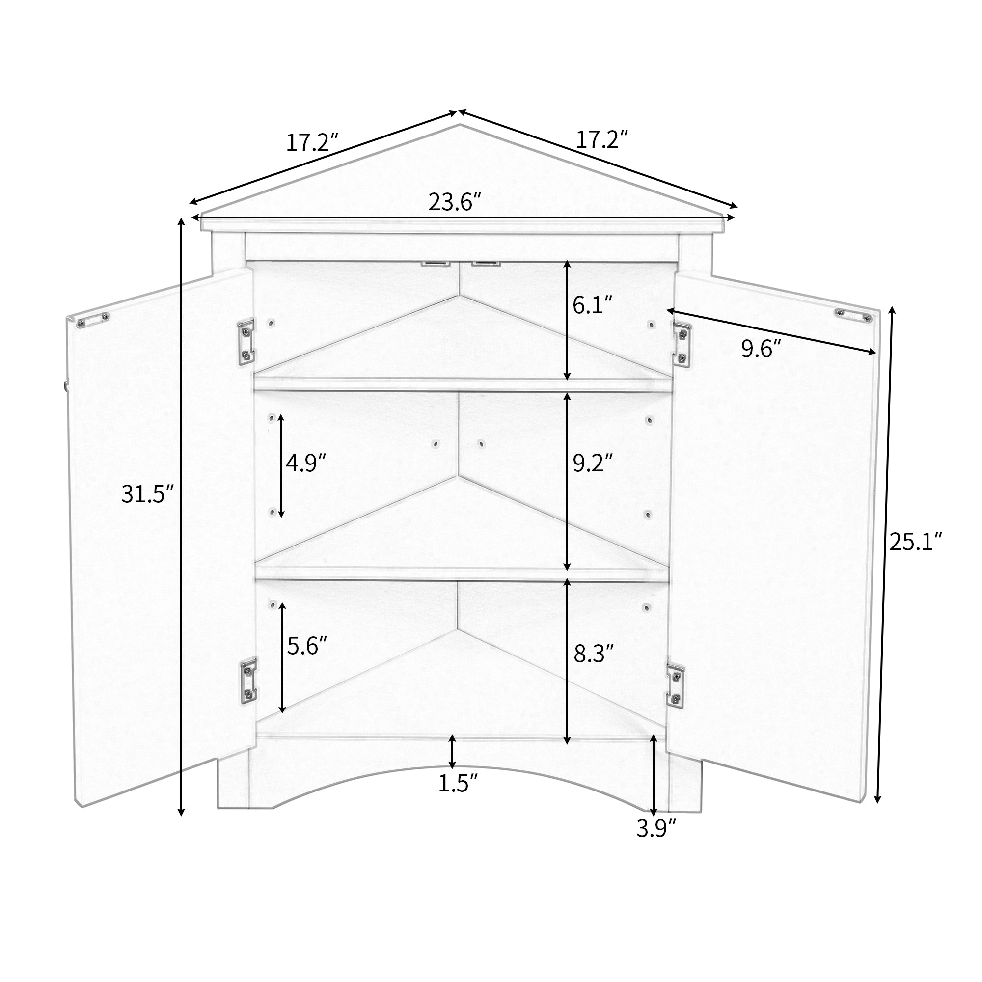 Meuble de rangement triangulaire noir pour salle de bain avec étagères réglables, meuble de sol autoportant pour cuisine