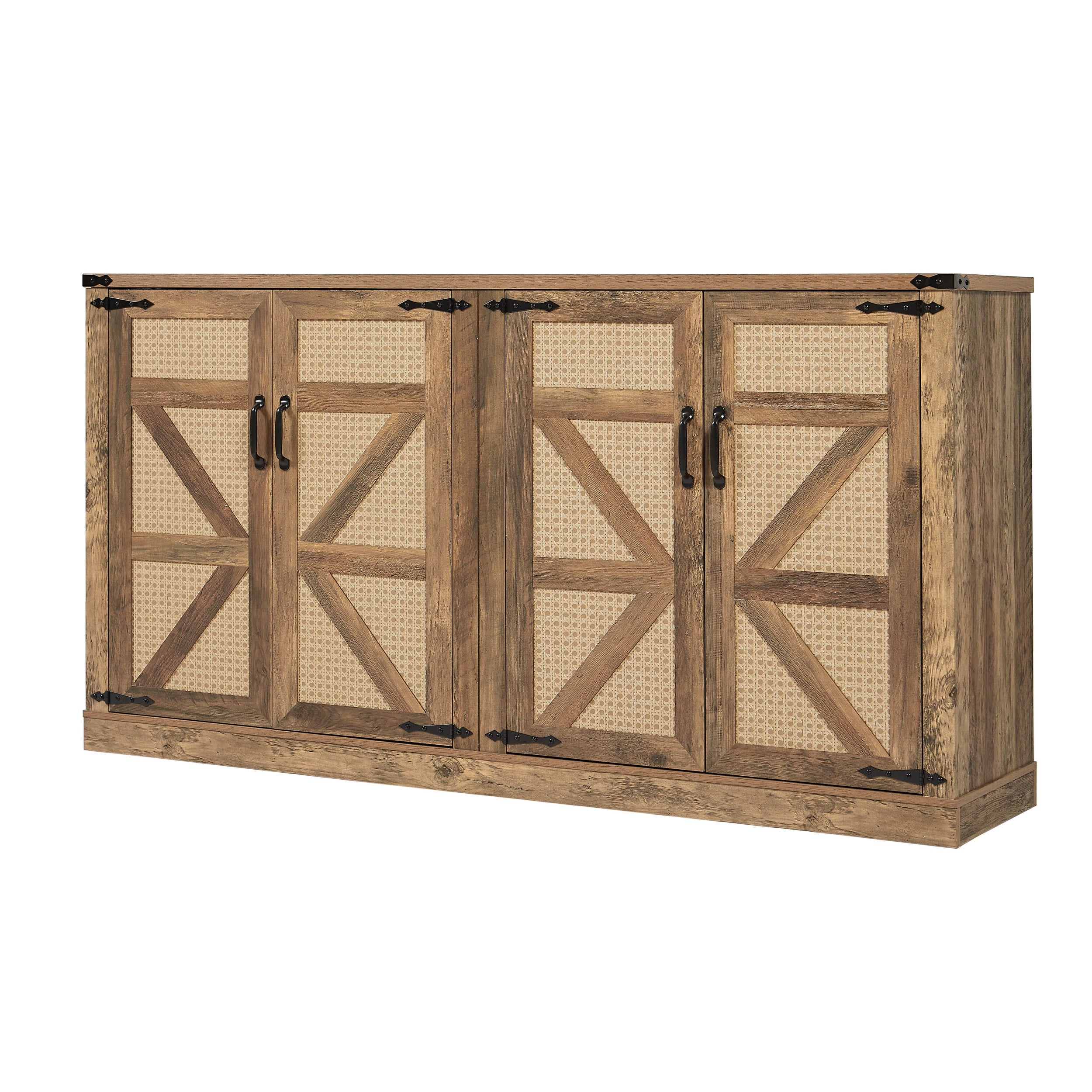 65-Inch Rustic Oak Color Faux Rattan Sideboard, Barn Door Rustic Style Sideboard, Living Room, Entryway, Bedroom