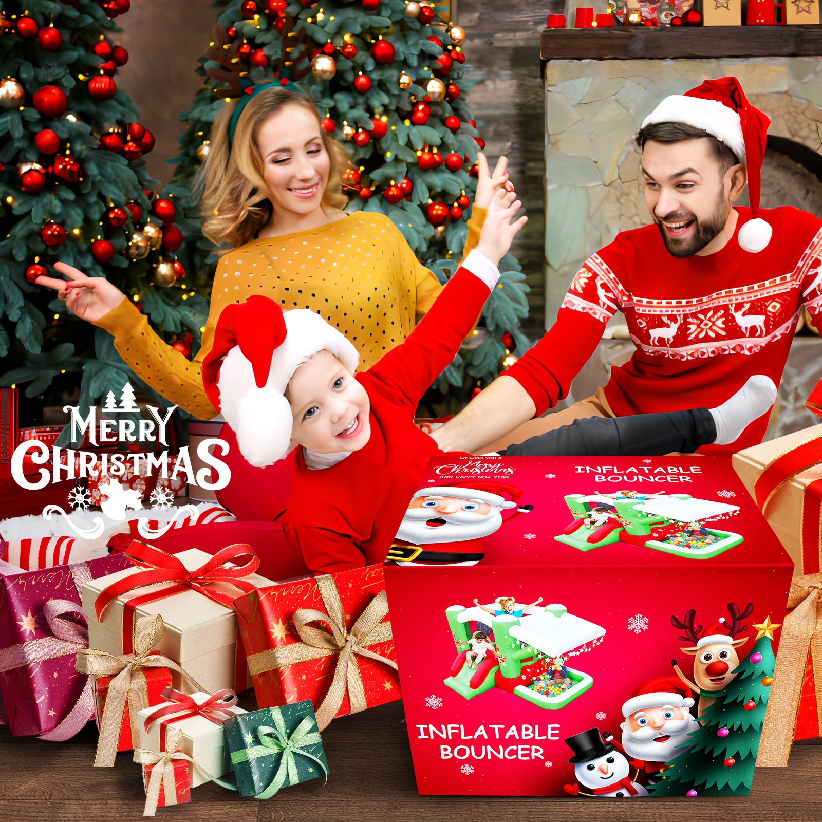 Trampoline gonflable de Noël pour enfants, installation complète avec souffleur - Aire de jeux de 203 x 231 cm - Hauteur de 140 cm