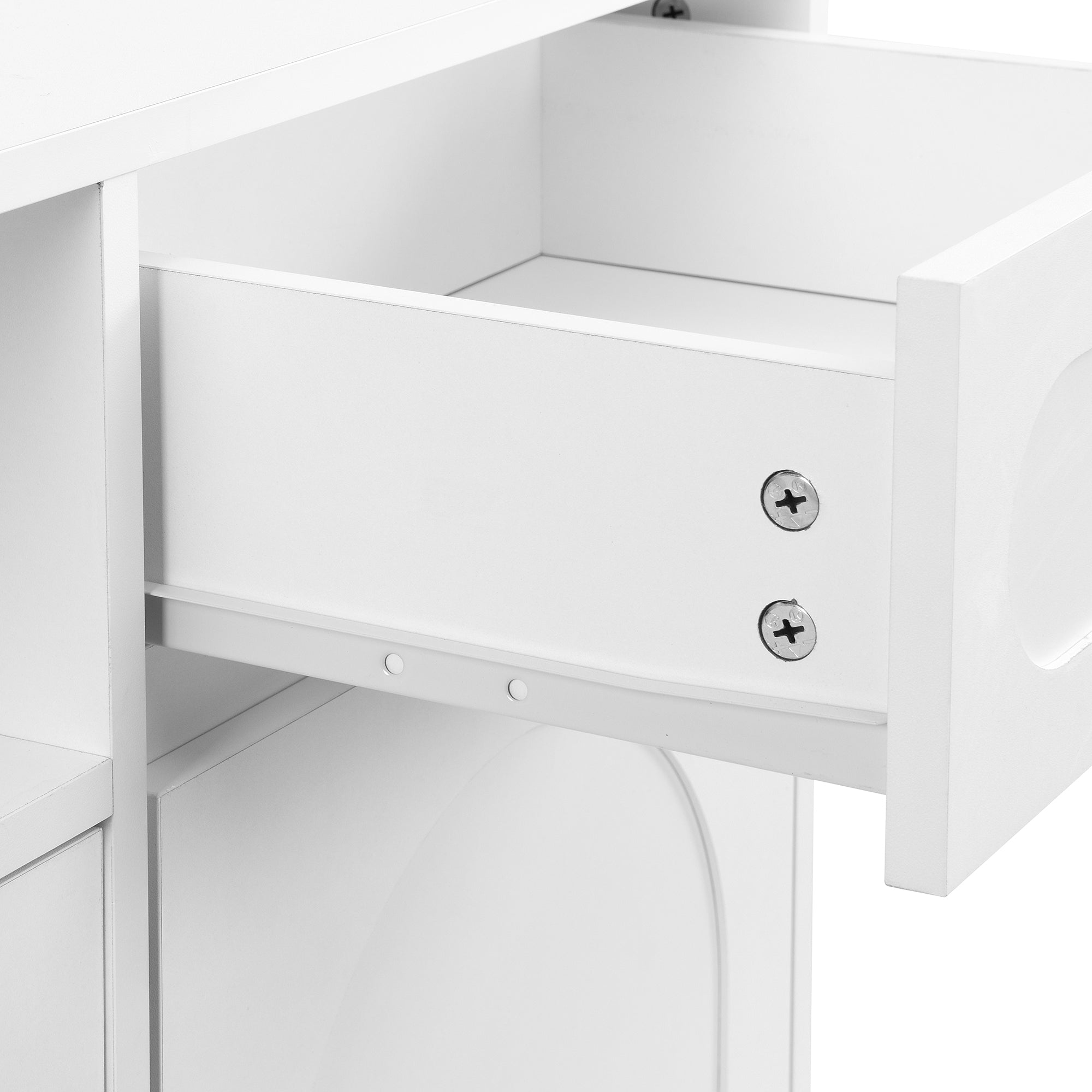 Meuble à chaussures élégant ON-TRANS avec portes et tiroirs cintrés, panneaux latéraux de rangement, étagères réglables et pieds en bois massif, blanc