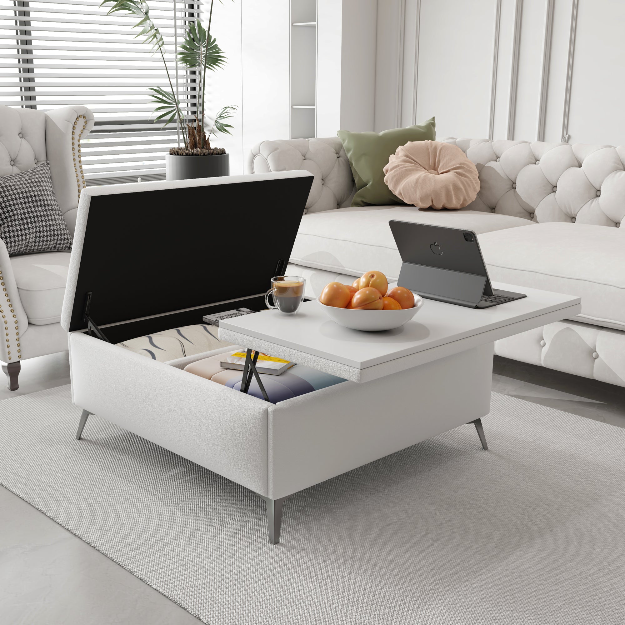 Banc de rangement carré de 35 pouces de large, table basse avec plateau relevable, ottoman de rangement surdimensionné rembourré pour le salon
