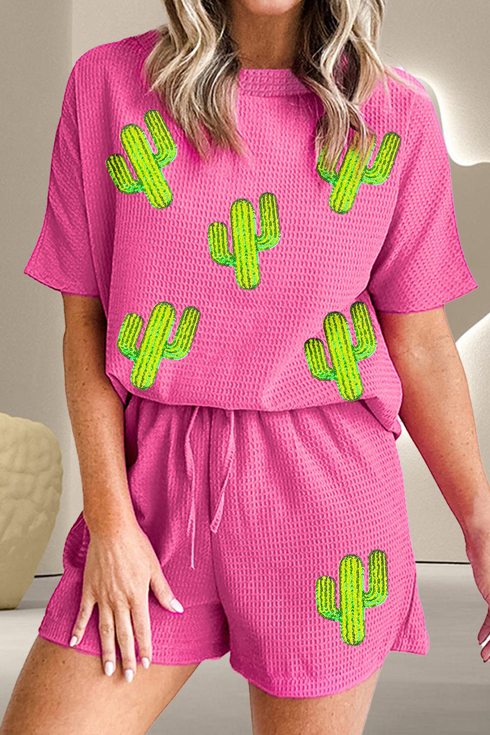 Ensemble haut et short à col rond en tricot gaufré
