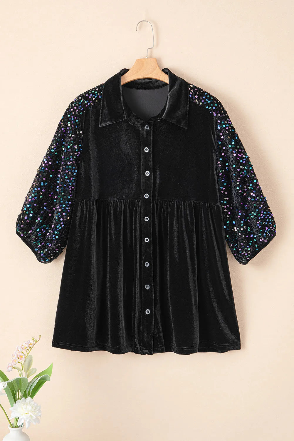Chemise oversize à col à paillettes et manches trois-quarts