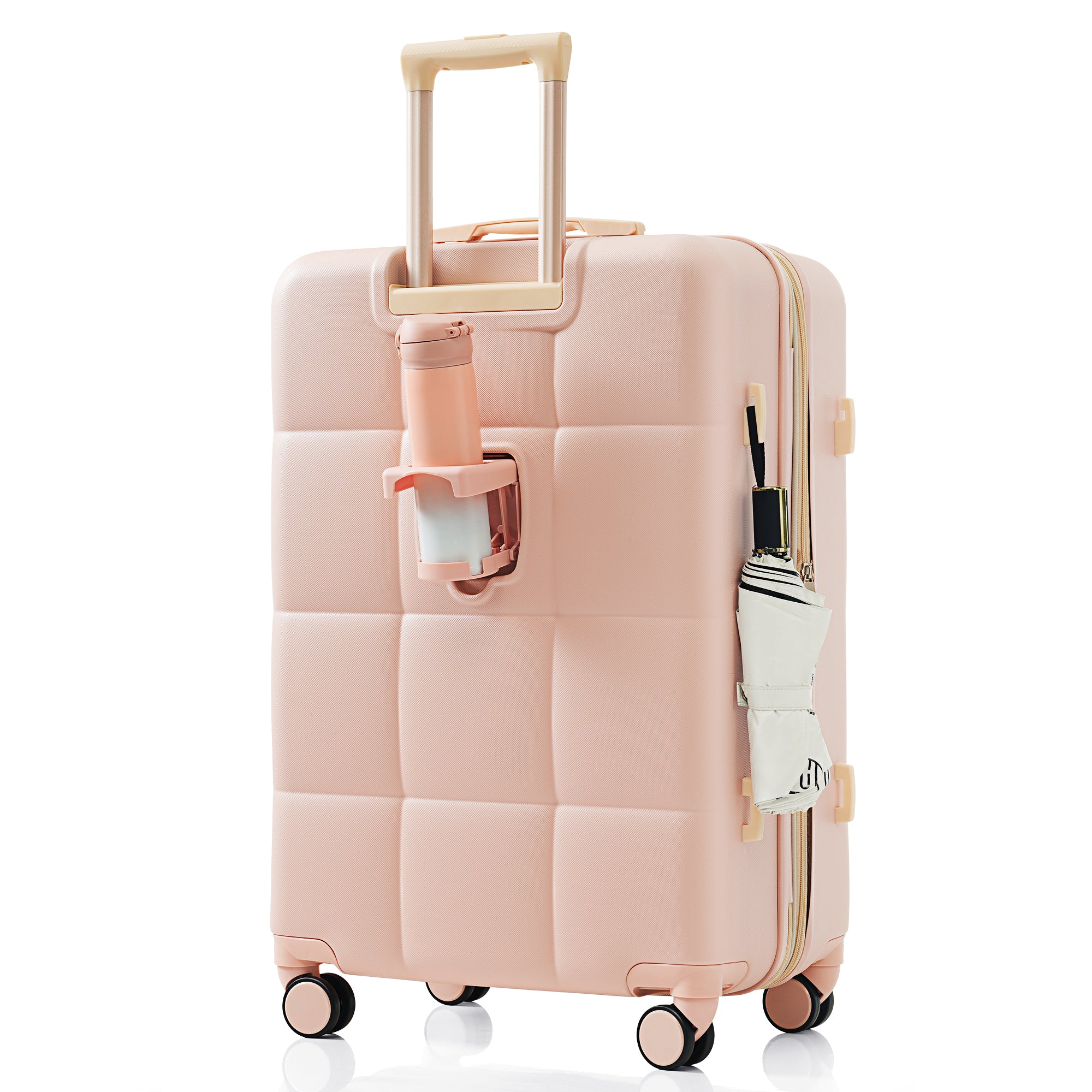 Ensemble de bagages 3 pièces, 20 pouces, valise rigide en ABS avec port USB et porte-gobelet, roue rotative, couleur rose