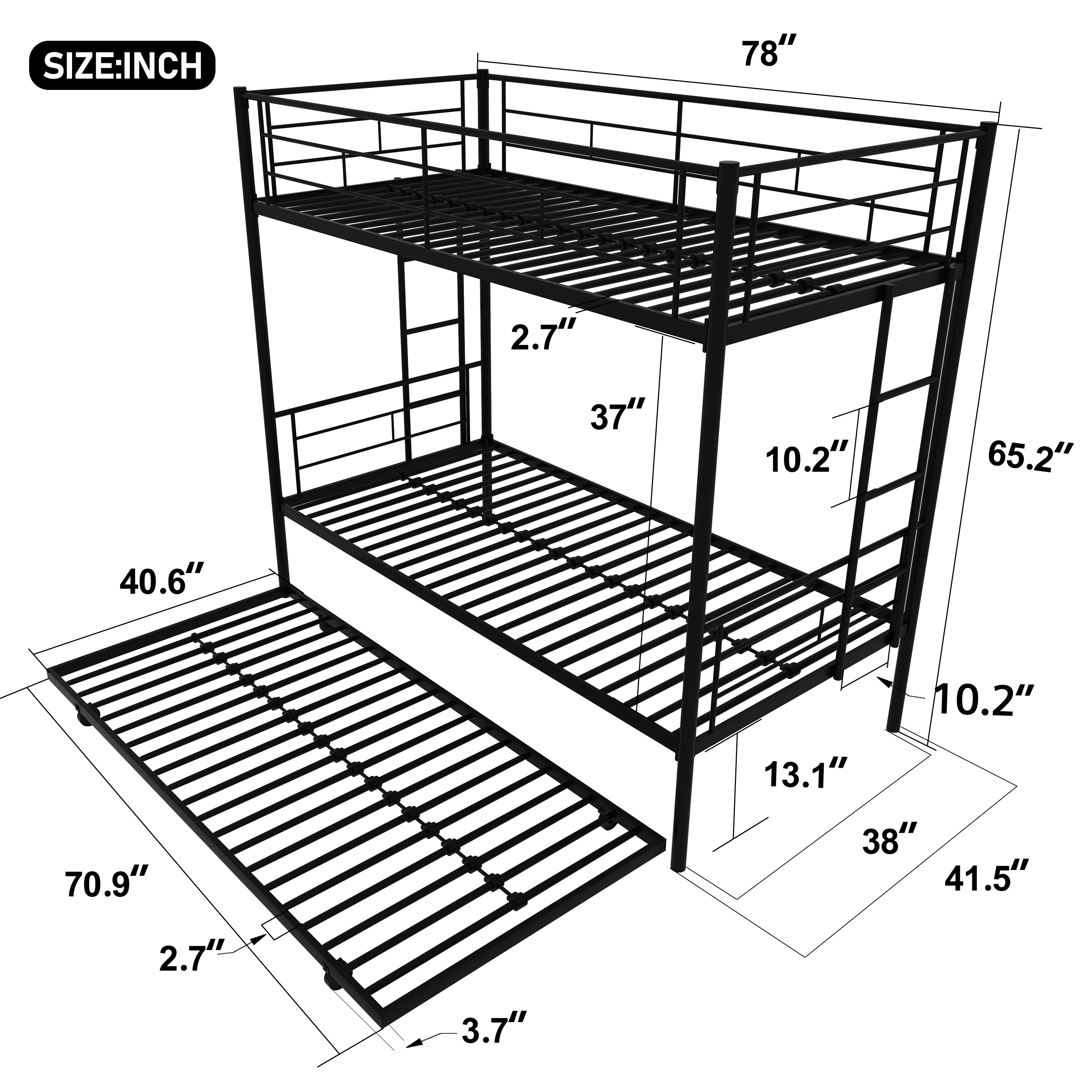 Twin Over Twin Metal Bunk Bed Frame with Trundle(Upgrade reinforcement version)