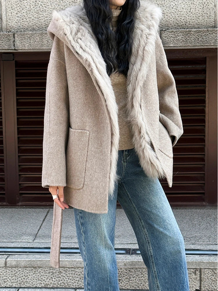 Manteau en laine à capuche pour femme, couleur unie, avec fourrure de renard et ceinture ample, nouveauté hiver