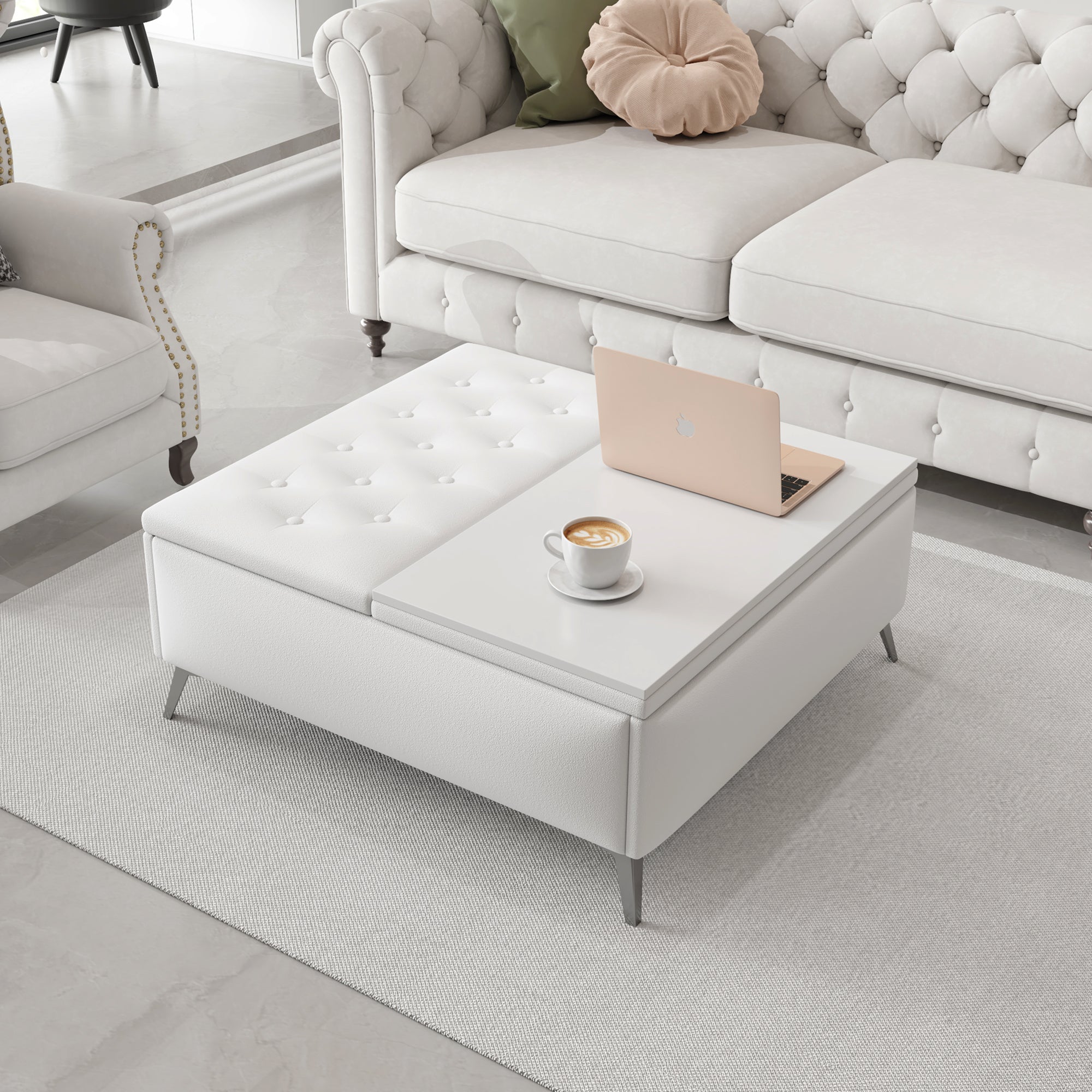 Banc de rangement carré de 35 pouces de large, table basse avec plateau relevable, ottoman de rangement surdimensionné rembourré pour le salon