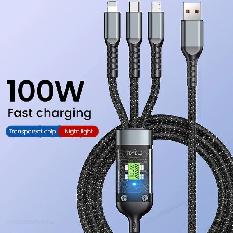 Câble USB 3 en 1 100 W pour charge rapide et transfert de données, mini USB Type C, compatible avec iPhone, Android, Xiaomi, Huawei et Oppo