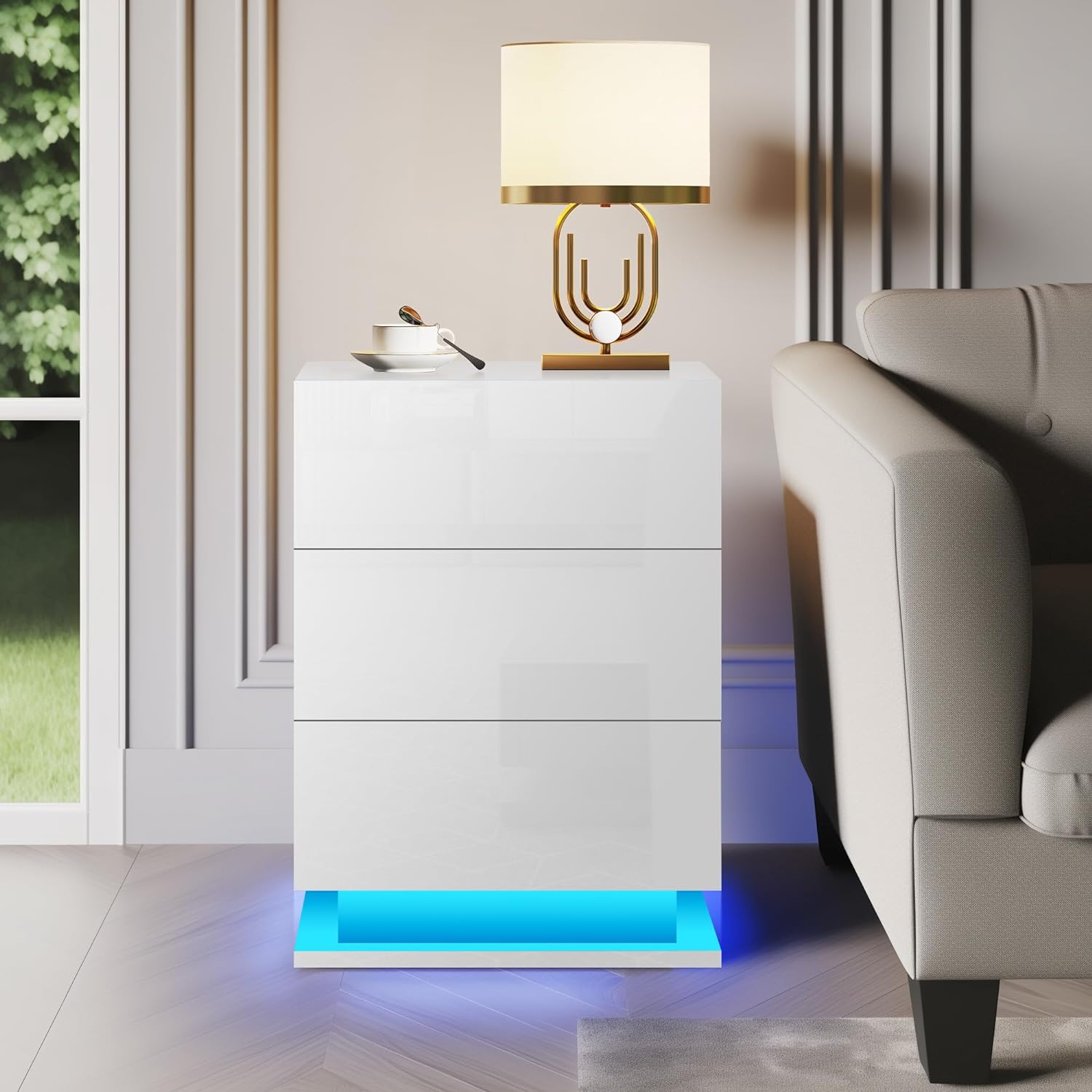 Table de chevet LED avec 3 tiroirs, table de chevet blanche, table d'appoint moderne pour chambre à coucher