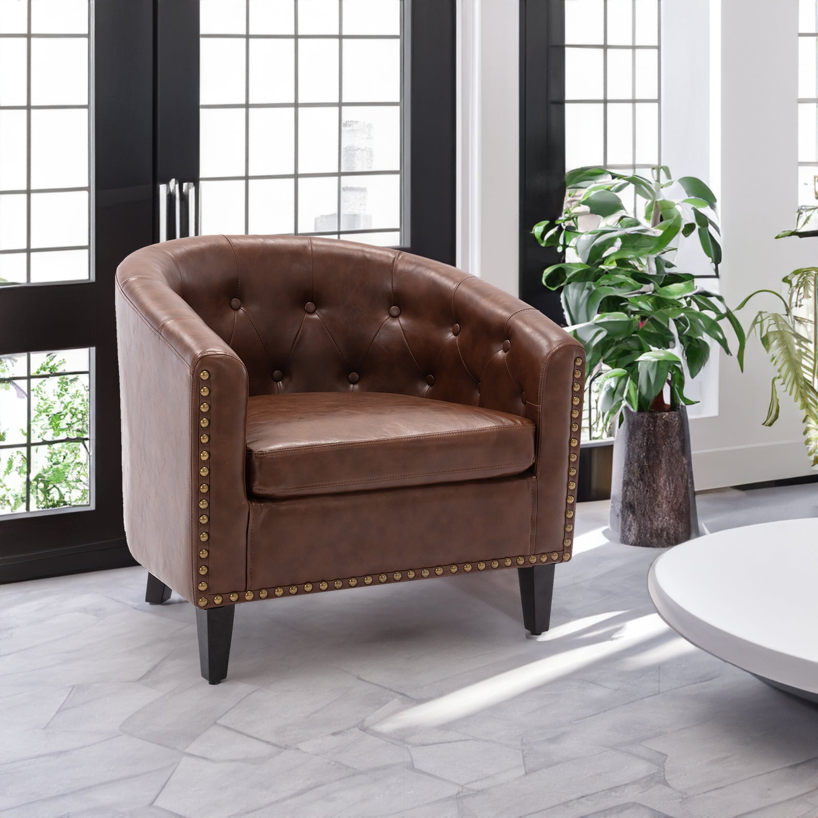 Fauteuil tonneau capitonné en cuir synthétique pour salon, chambre à coucher, club