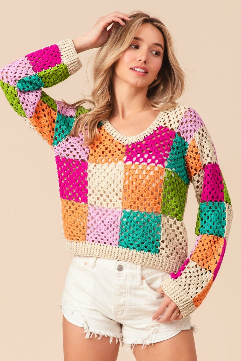 Haut en tricot à carreaux multicolores à manches longues BiBi