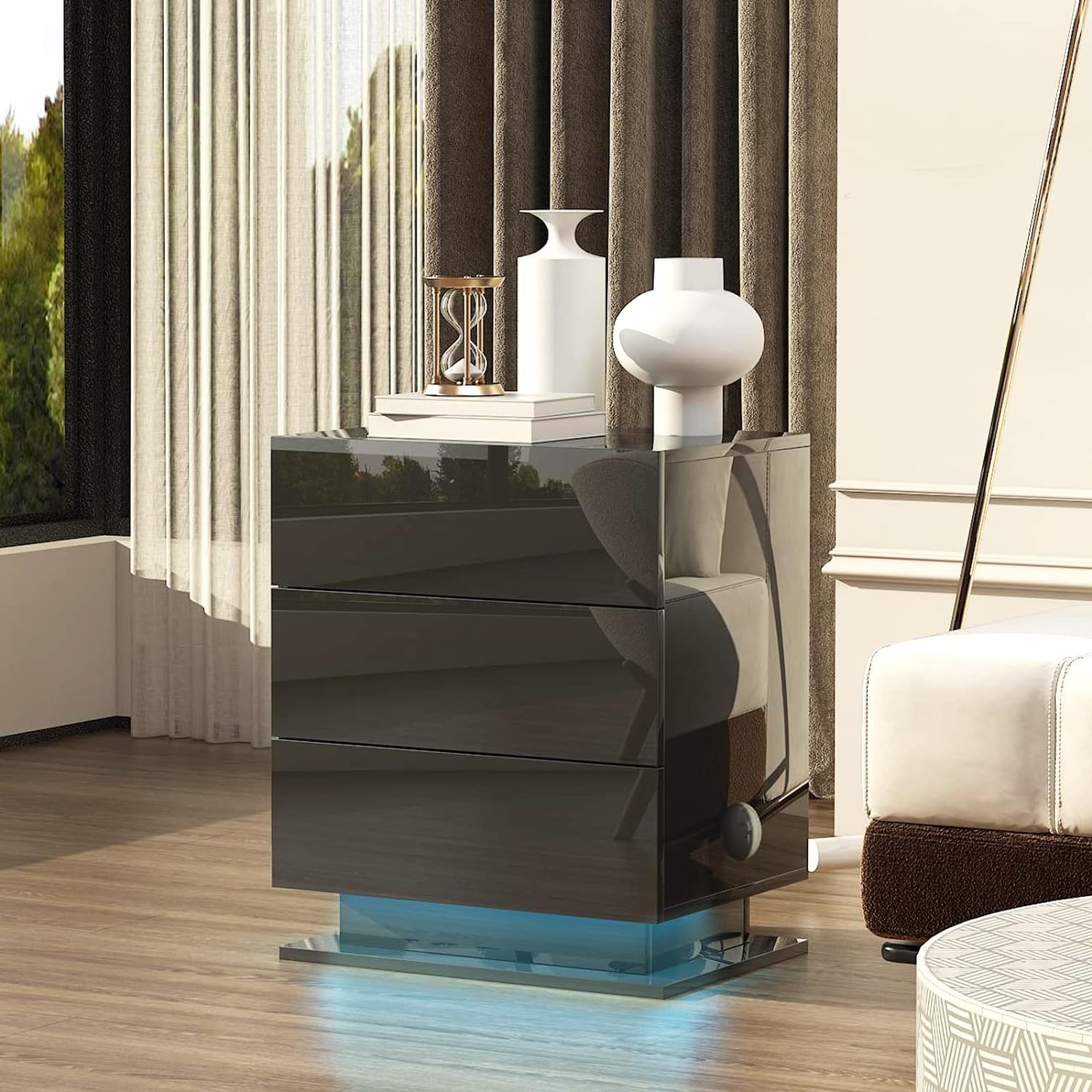 Table de chevet avec 3 tiroirs de rangement, lumières LED, table d'appoint pour chambre à coucher