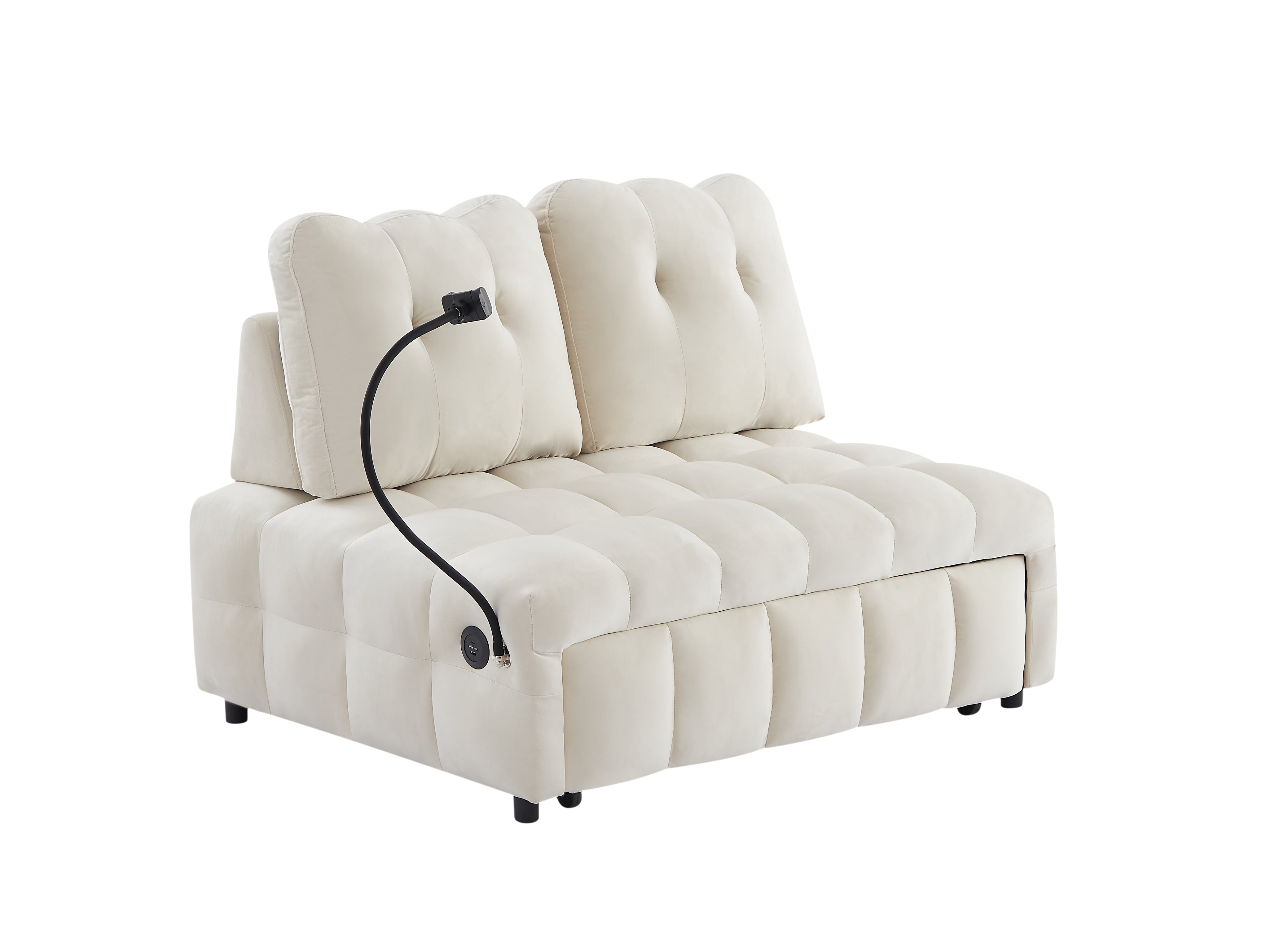 Canapé-lit gigogne moderne en velours, dossier amovible indépendamment, avec port USB et support de téléphone pivotant, beige