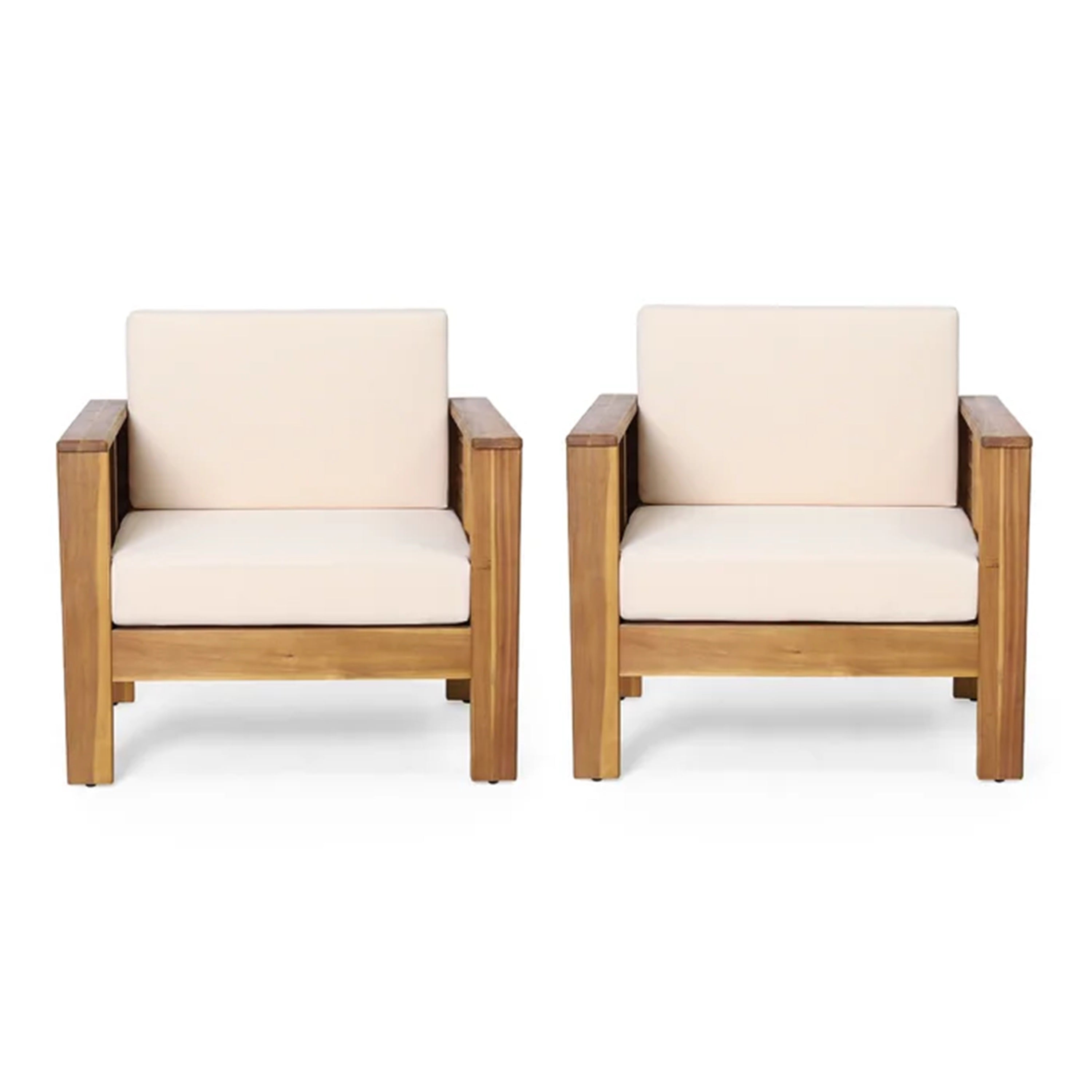 (Lot de 2) Chaises club d'extérieur en bois d'acacia avec coussins, teck + beige, 27,75"P x 32"L x 27,75"H