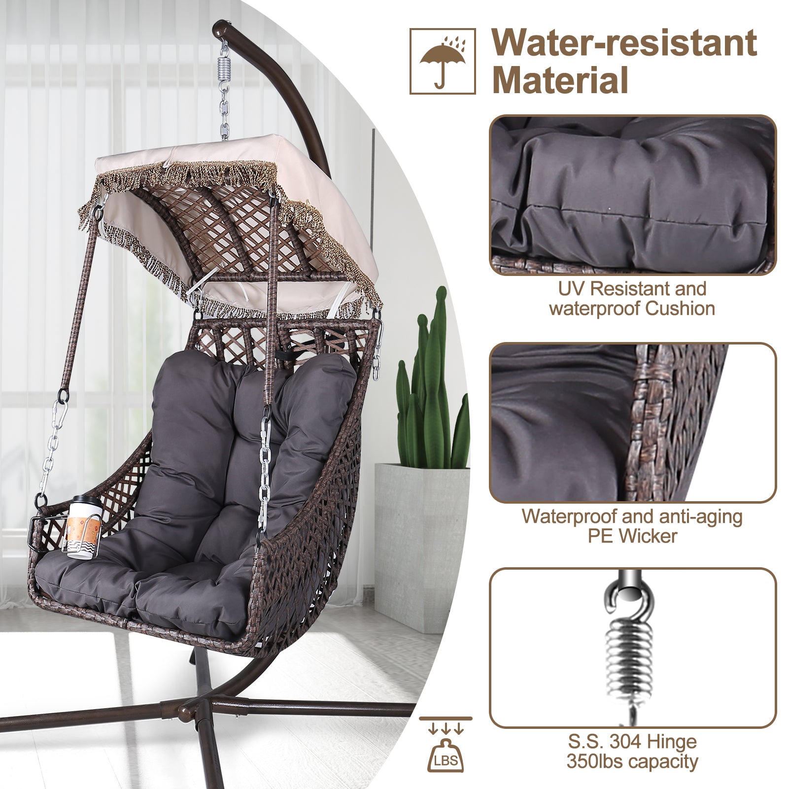 Chaise hamac pivotante avec support, cadre en rotin et osier, capacité de 350 lb