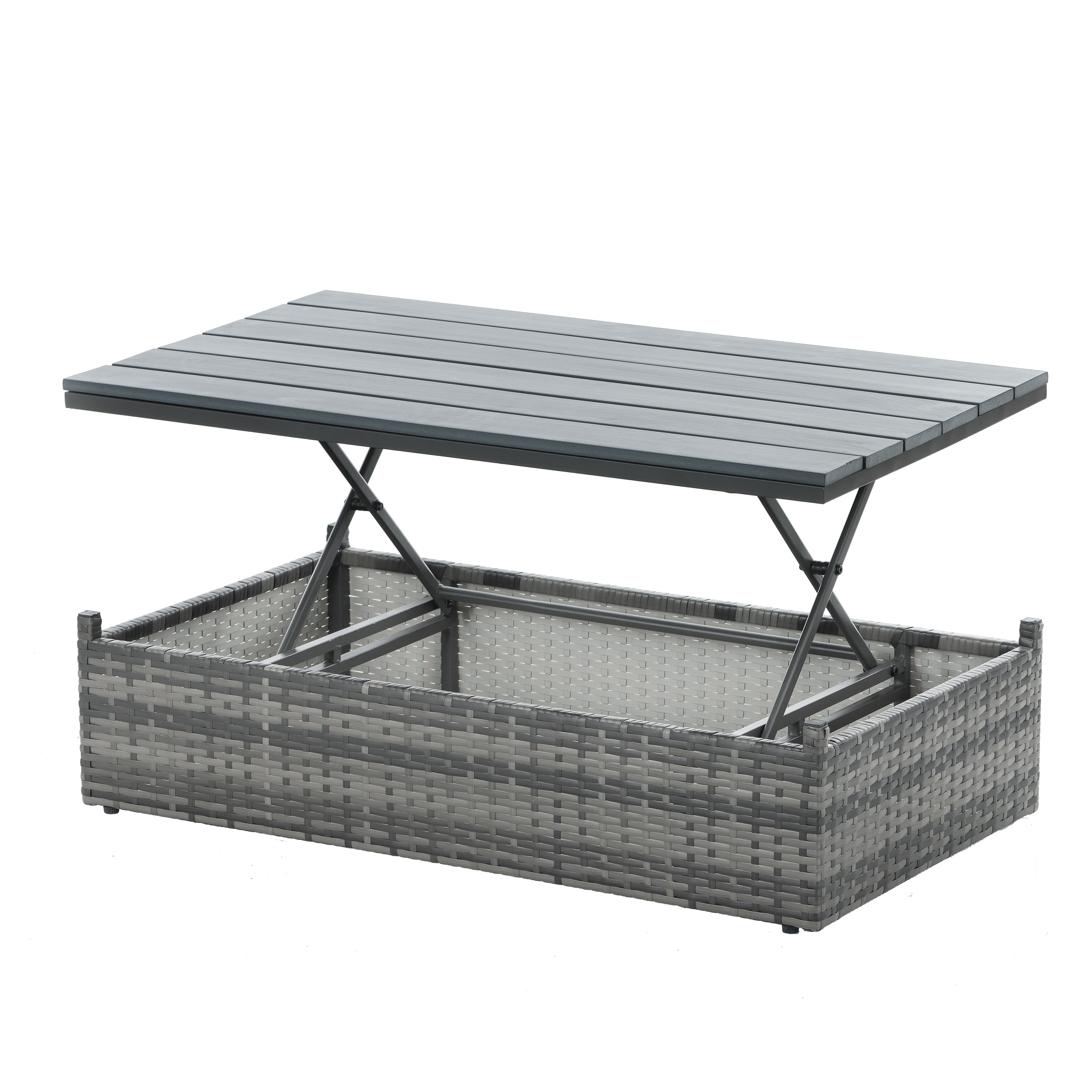 Mobilier de jardin, mobilier d'extérieur, mobilier saisonnier en osier PE, ensemble de 5 meubles en osier avec table basse en contreplaqué