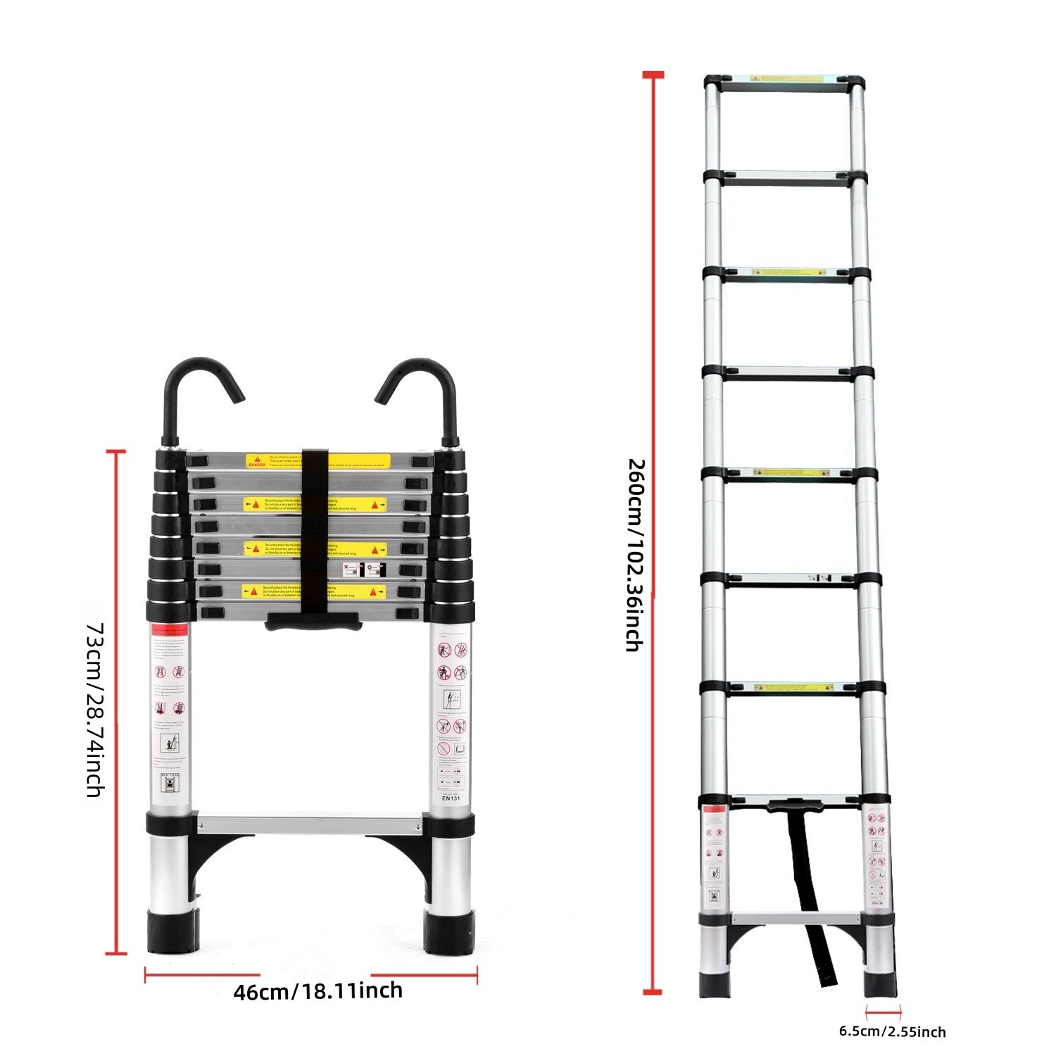 Échelle télescopique de 8,5 pieds en alliage d'aluminium, échelle télescopique pliante polyvalente avec crochets et cadre de support triangulaire
