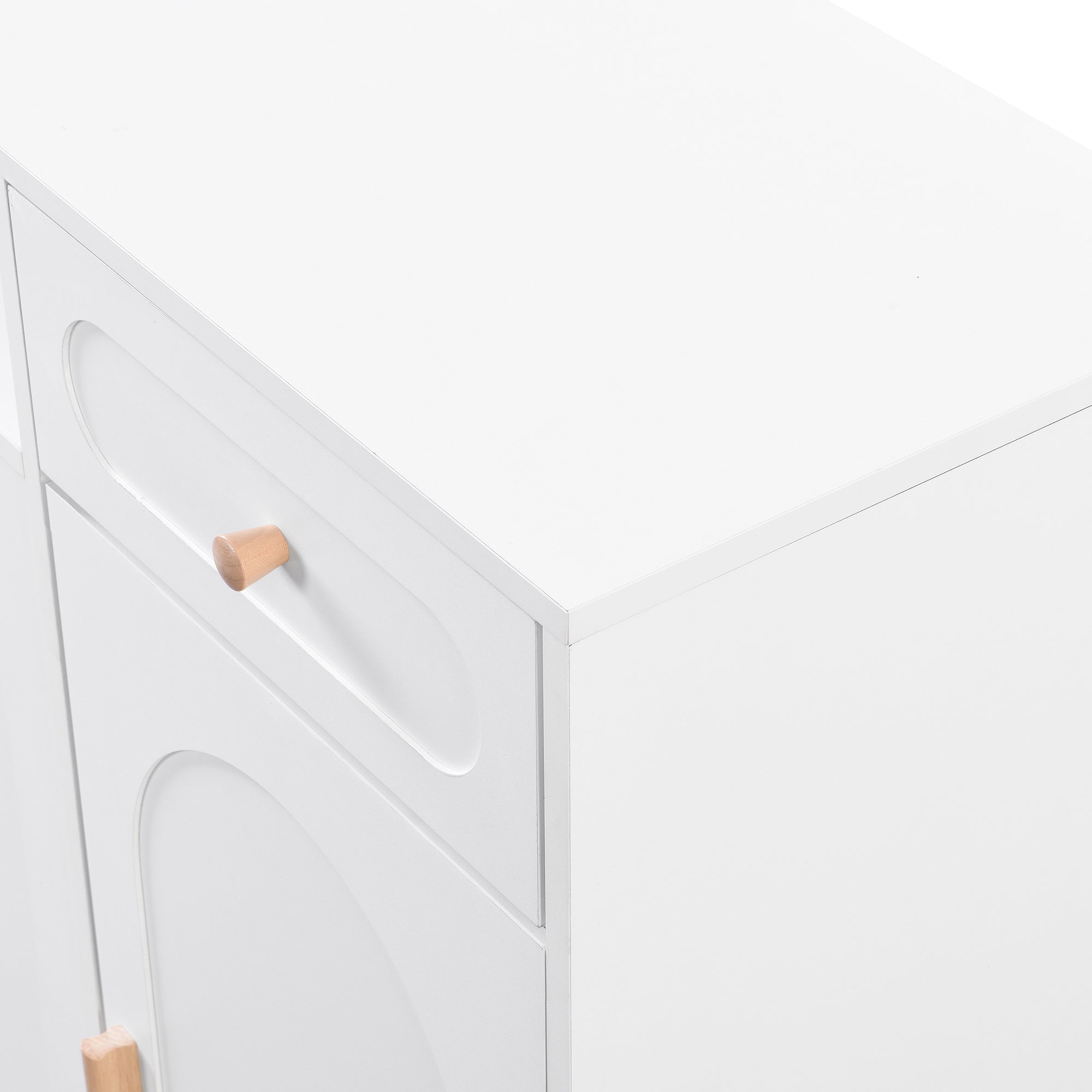 Meuble à chaussures élégant ON-TRANS avec portes et tiroirs cintrés, panneaux latéraux de rangement, étagères réglables et pieds en bois massif, blanc
