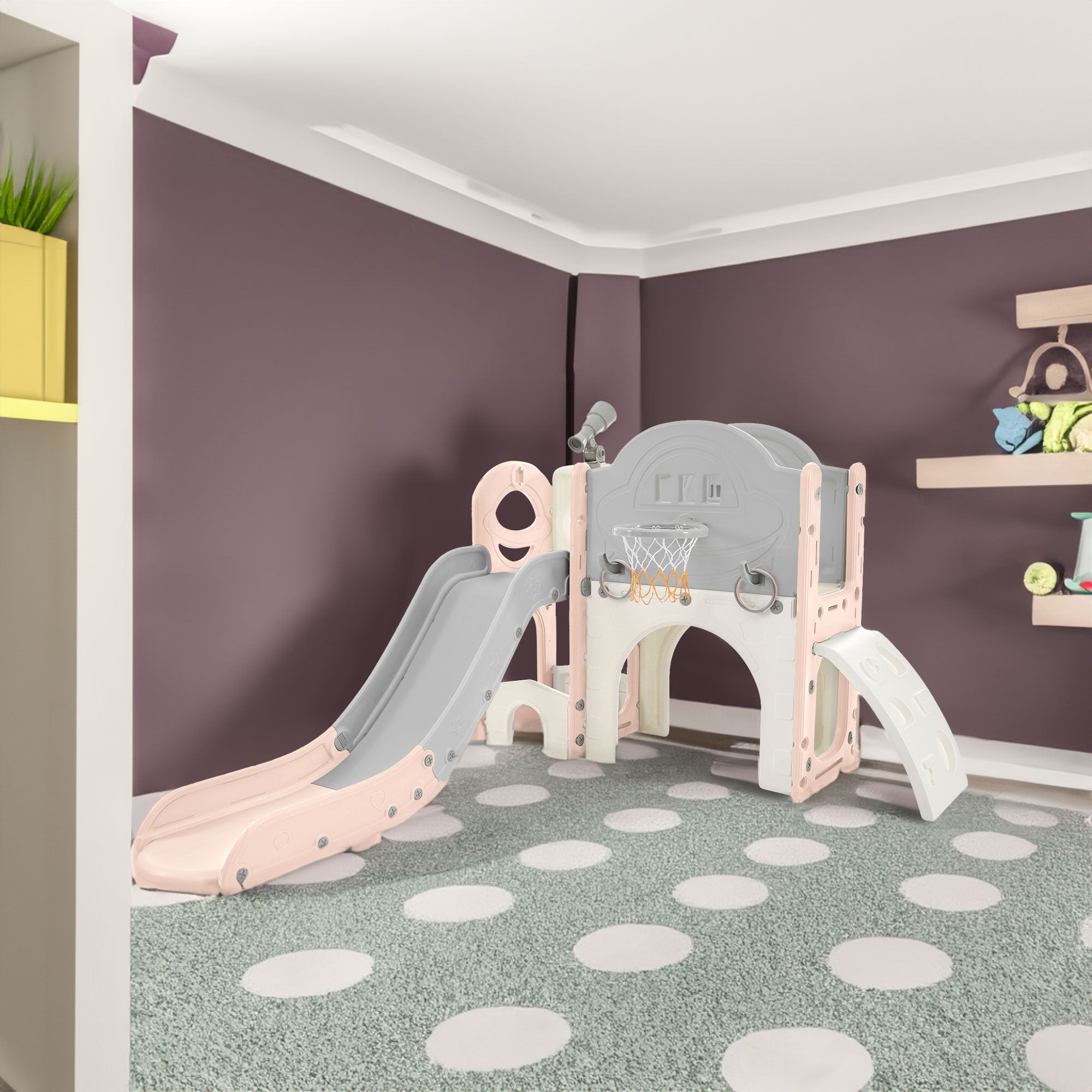 Structure de jeu pour enfants 7 en 1, vaisseau spatial autonome avec toboggan, tunnel en arche rose et gris + PEHD