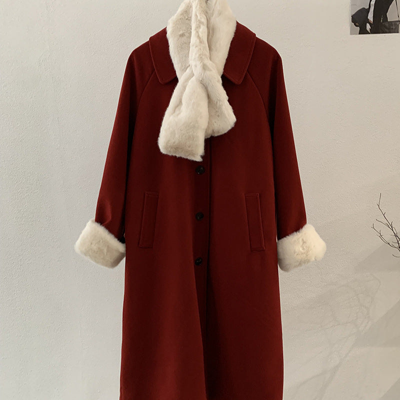 Vintage Wool Coat Mid-Length Padded Thick Woolen Coat with Scarf