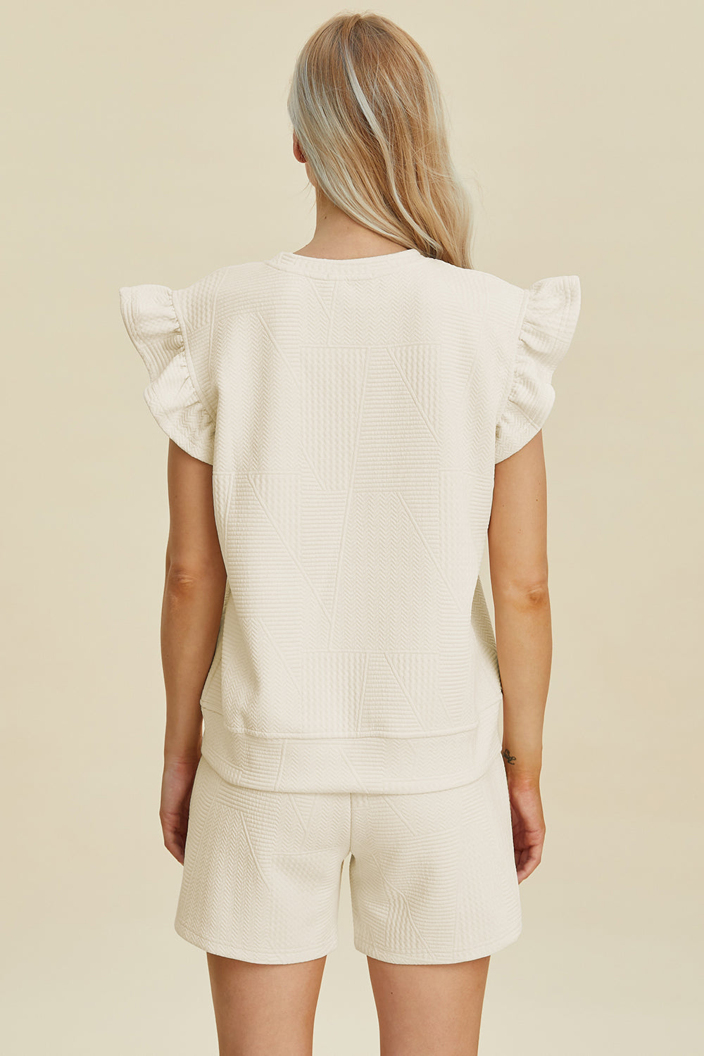 Ensemble haut et short texturés à col rond et manches à volants Double Take