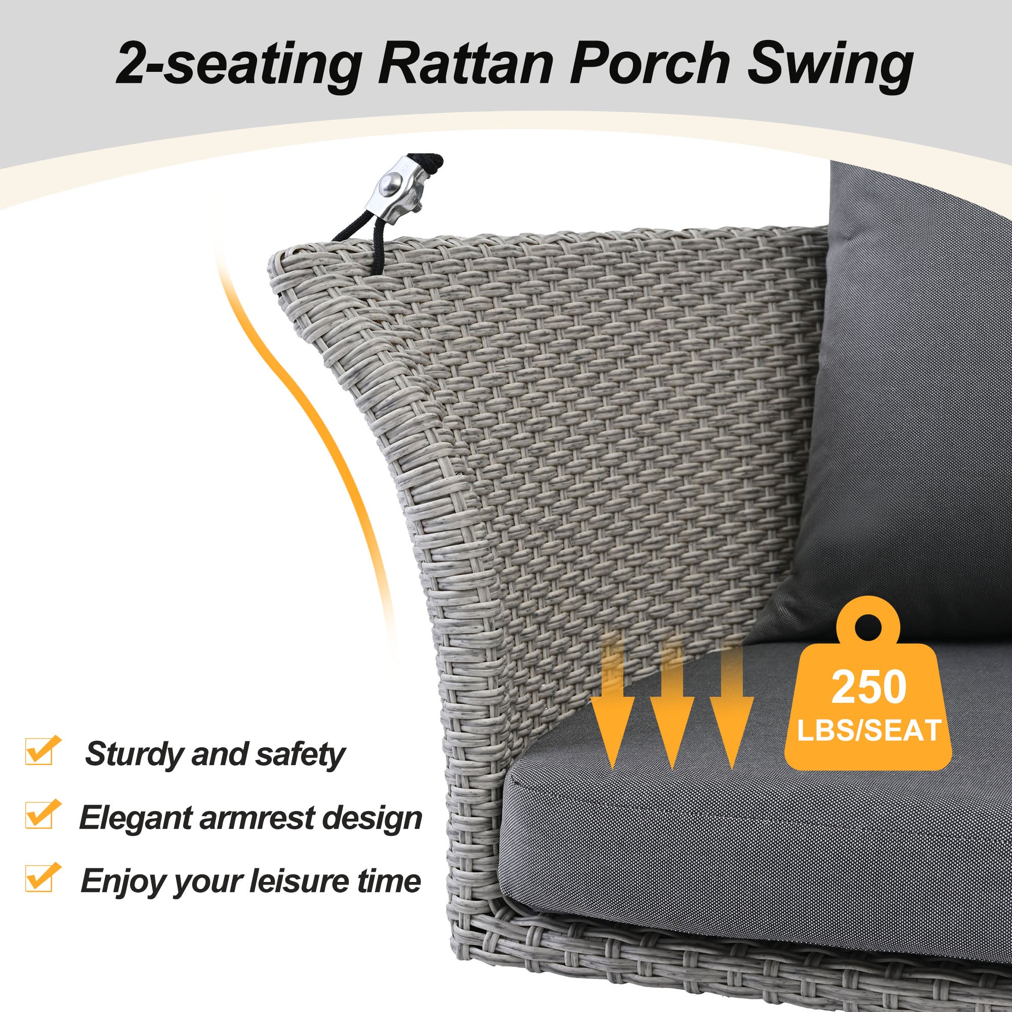 Siège suspendu GO 51,9" pour 2 personnes, balancelle en rotin tressé, balançoire de porche avec cordes, osier gris et coussin