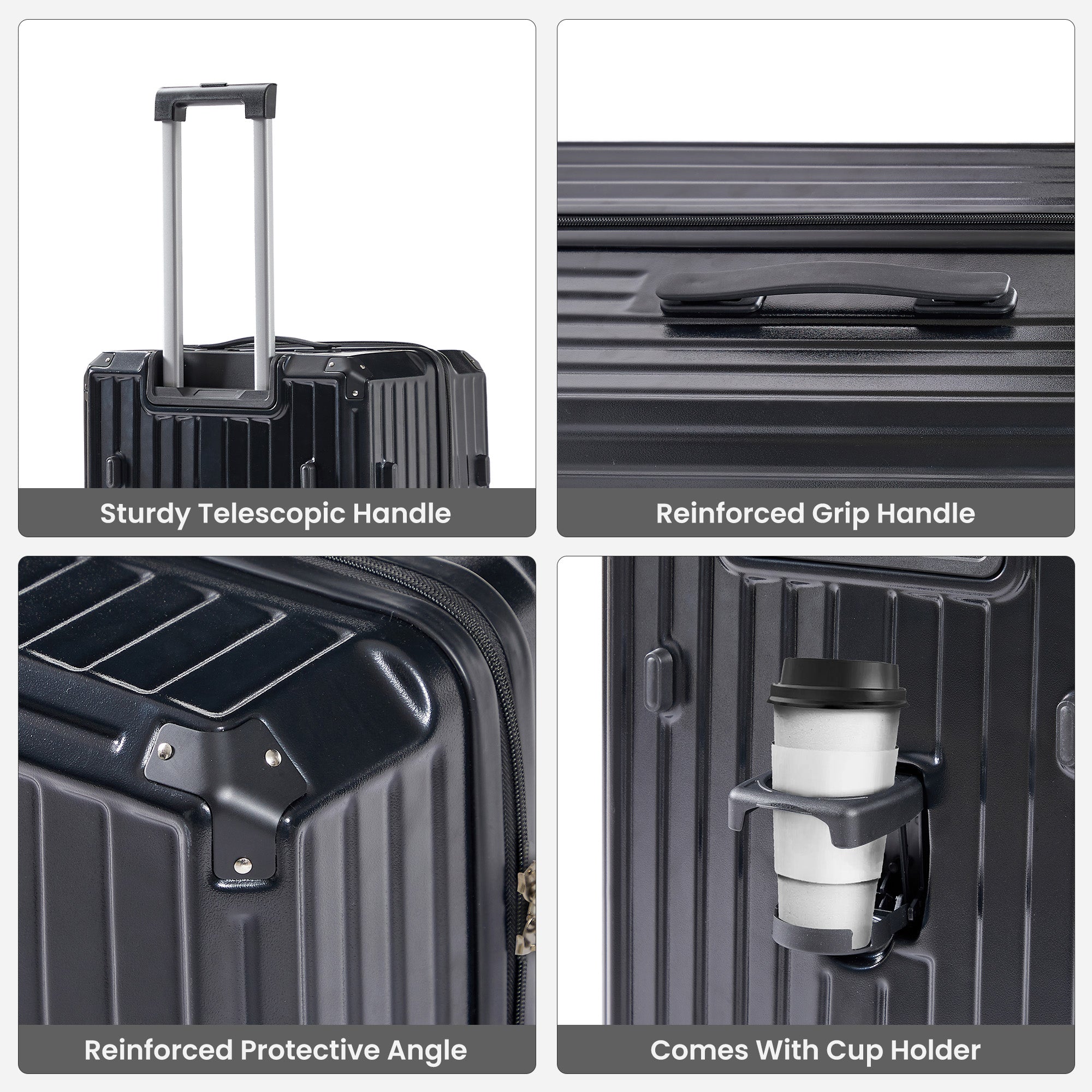 Ensemble de 4 valises (20"/24"/29"/sac de voyage), valises légères et résistantes en PC et ABS avec porte-gobelet pliable, serrure TSA, noir