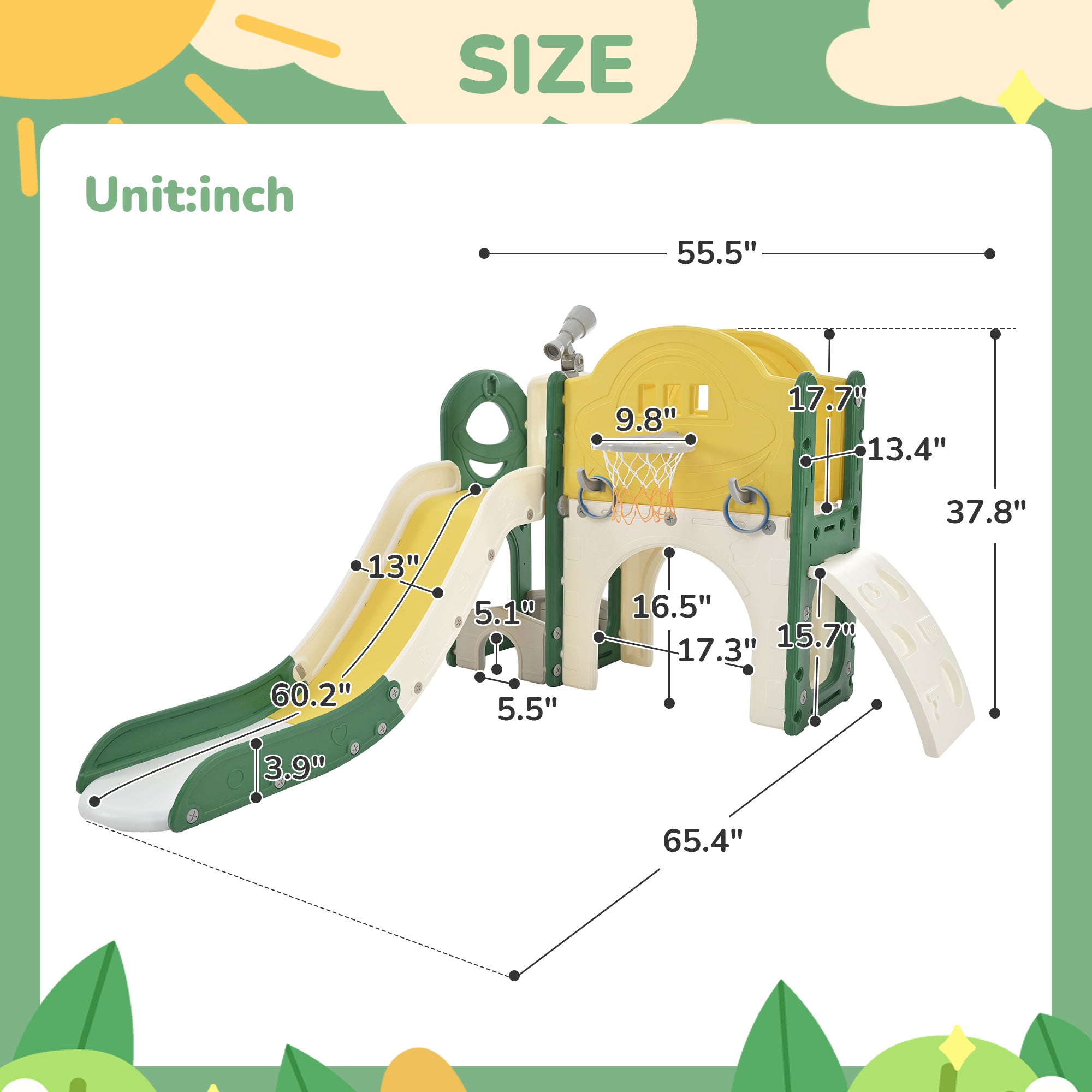 Structure de jeu pour enfants 7 en 1, vaisseau spatial autonome avec toboggan, tunnel en arche jaune + PEHD