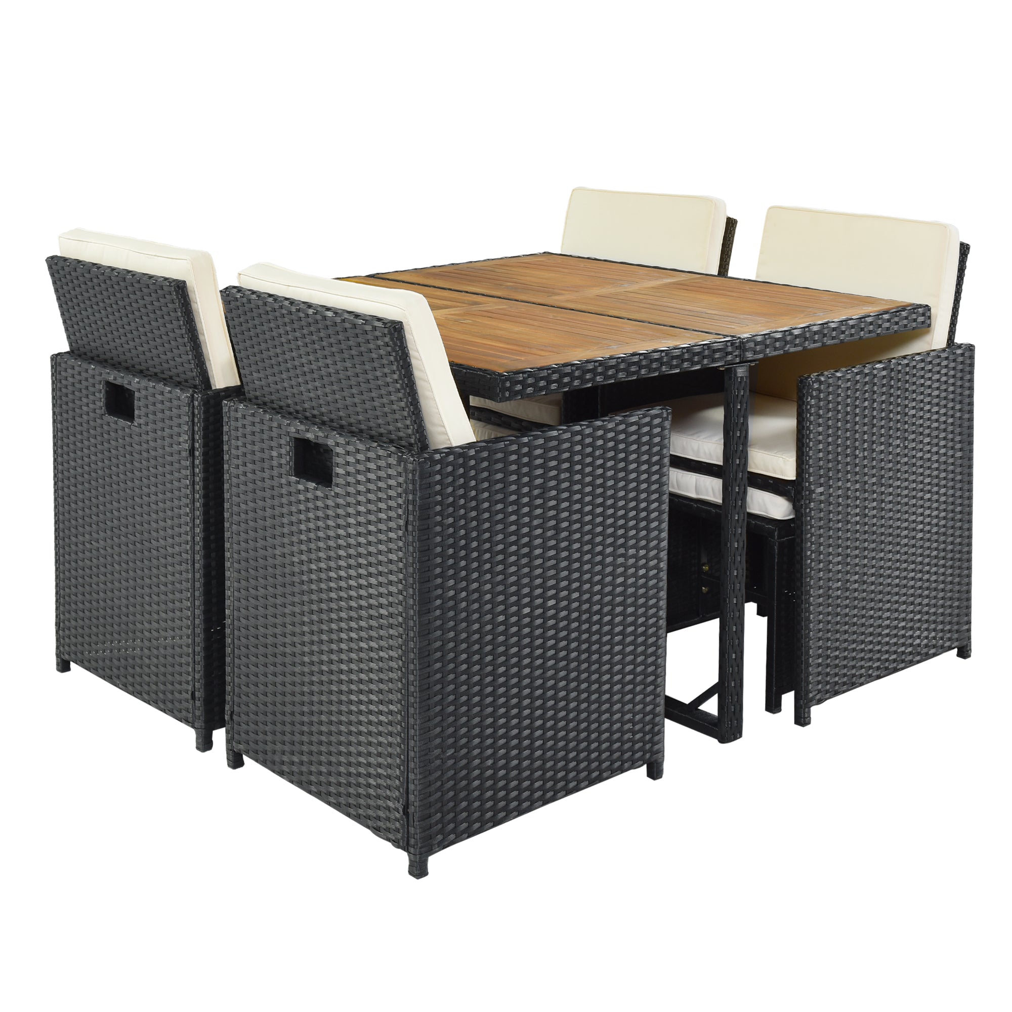 Ensemble de salle à manger TOPMAX Patio en osier PE toutes saisons avec plateau en bois pour 8 personnes, rotin noir et coussin beige (9 pièces)