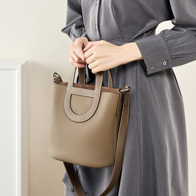 Sac seau en cuir véritable pour femme, sacoche à bandoulière en cuir de vachette avec couche supérieure et nez de cochon