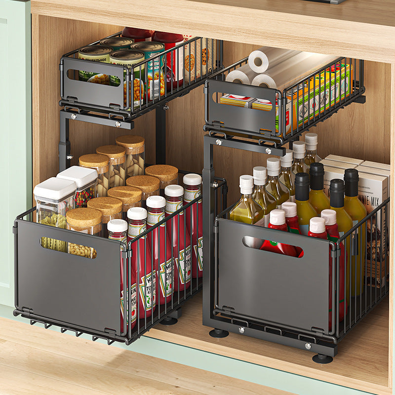 2-tier pull-out cabinet organizer, adjustable kitchen basket, under-sink organizer, spice rack, drawer slide.