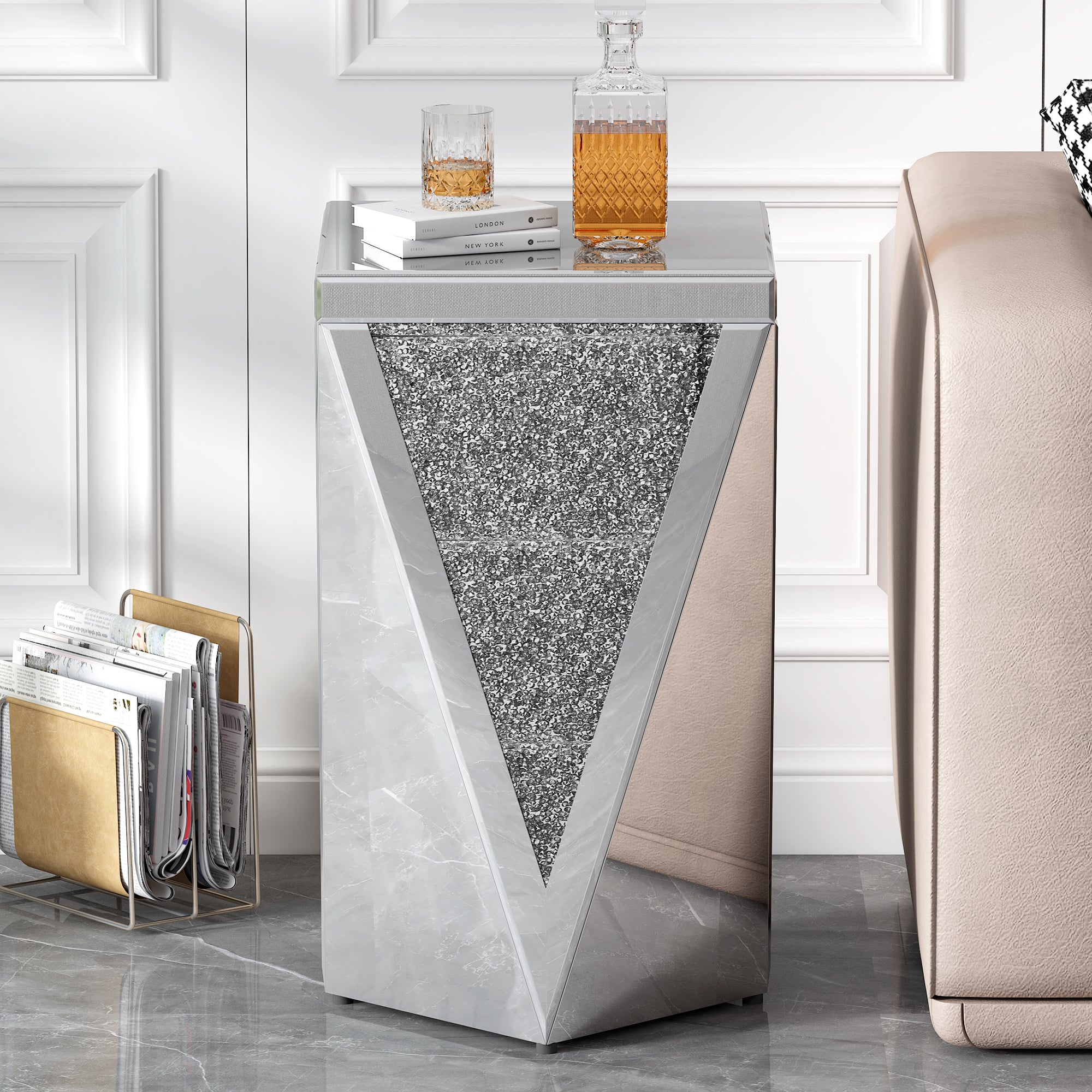 Table d'appoint carrée en miroir argenté U-Can de 13,8 po, table d'appoint moderne avec diamant concassé pour le salon, aucun assemblage requis