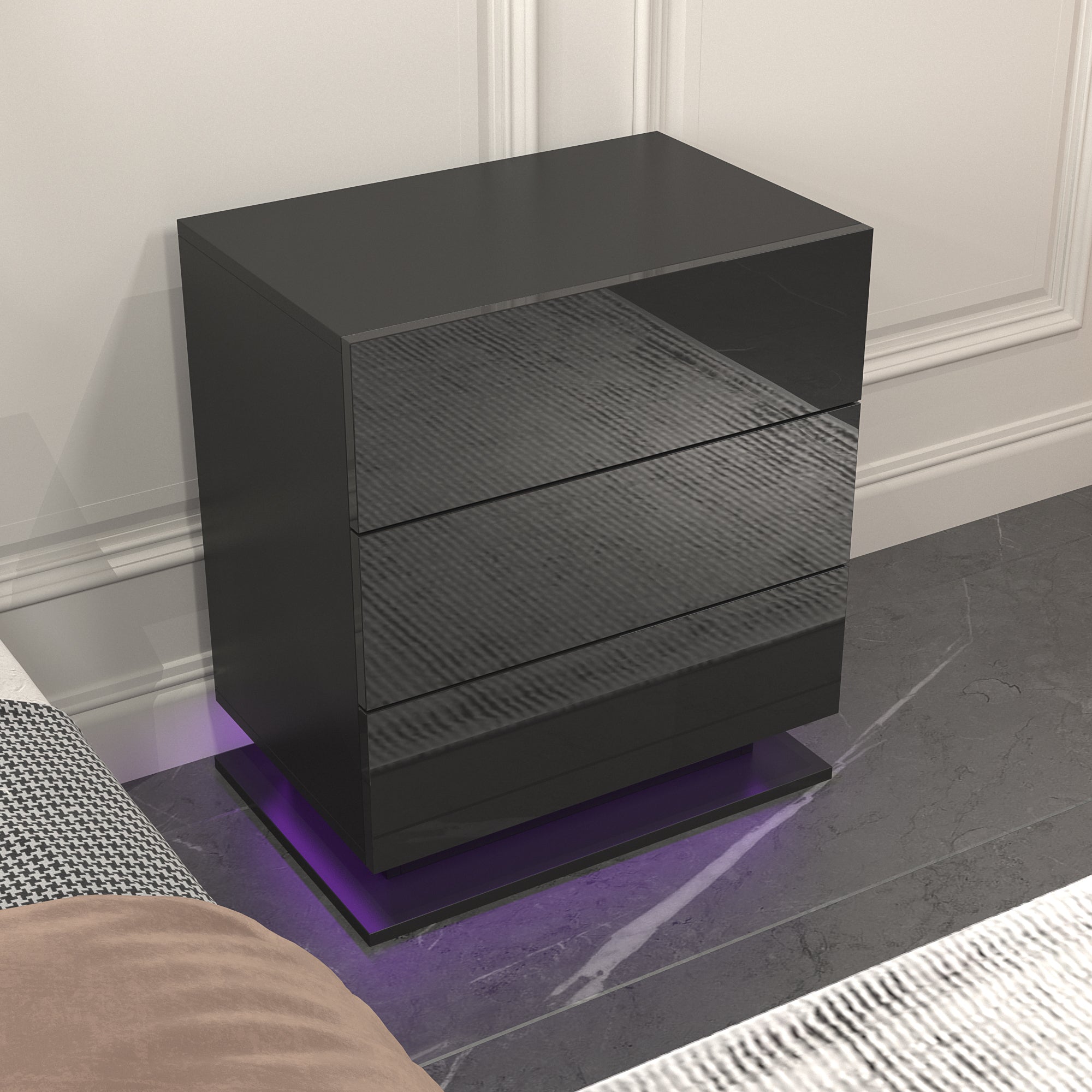 Table de chevet avec 3 tiroirs de rangement, lumières LED, table d'appoint pour chambre à coucher