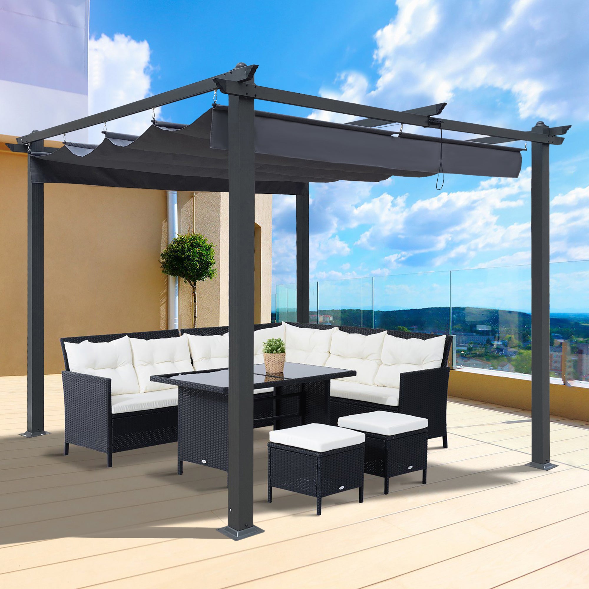 Pergola rétractable d'extérieur de 10 x 10 pieds avec auvent et abri solaire pour jardins, terrasses et arrière-cour, grise