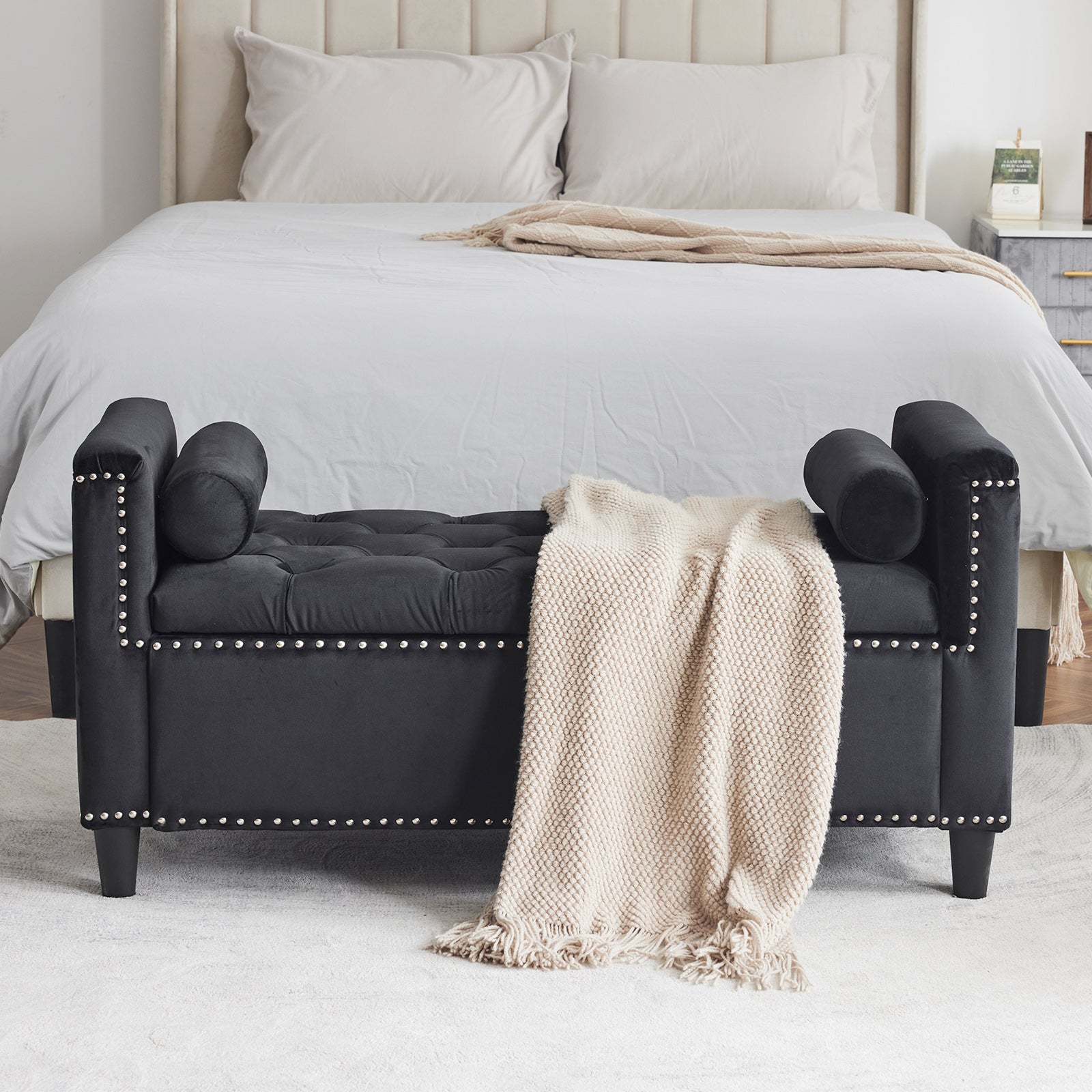 Storage Bench, 44.5-Inch Queen Velvet Button Bedside Bench, Entryway Living Room with Armrests, Nailhead Trim Black