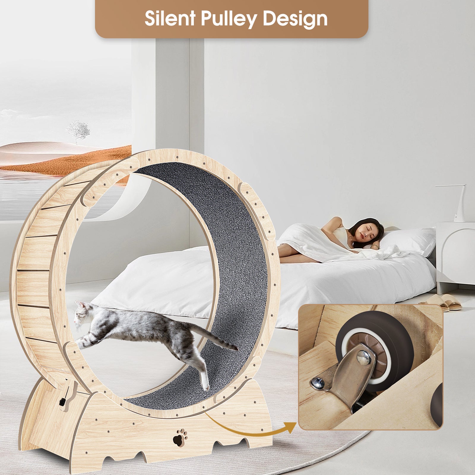 Roue d'exercice pour chats d'intérieur, roue de course pour chats avec tapis, 94 cm, couleur bois naturel