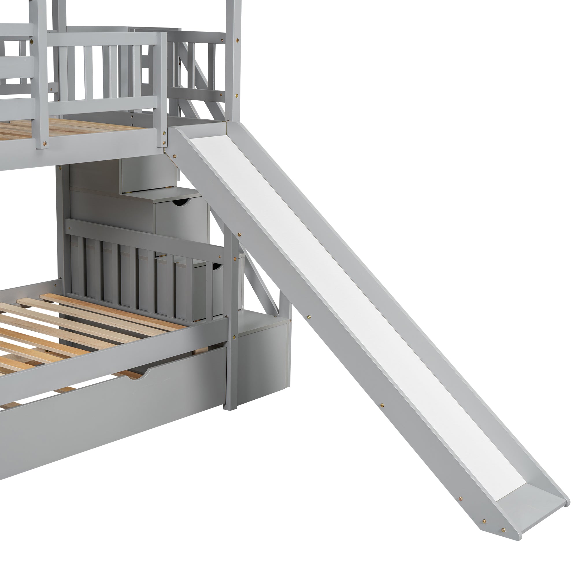 Lit superposé Twin over Twin House avec lit gigogne et rangement coulissant, escalier, toit et fenêtre, design gris