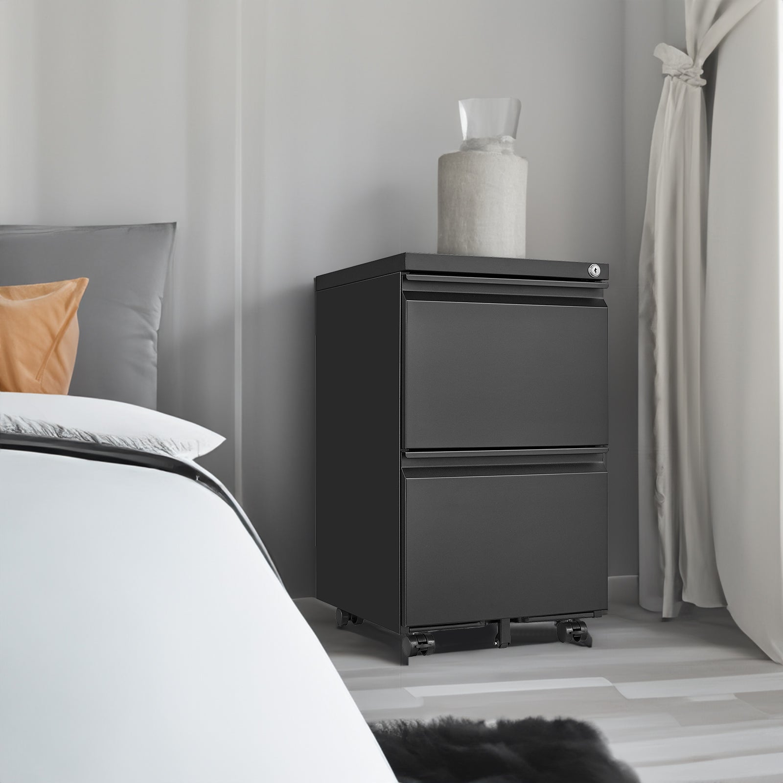 Metal 2 drawer mobile file cabinet with lock, 25.6-inch high legal/letter size file storage cabinet black