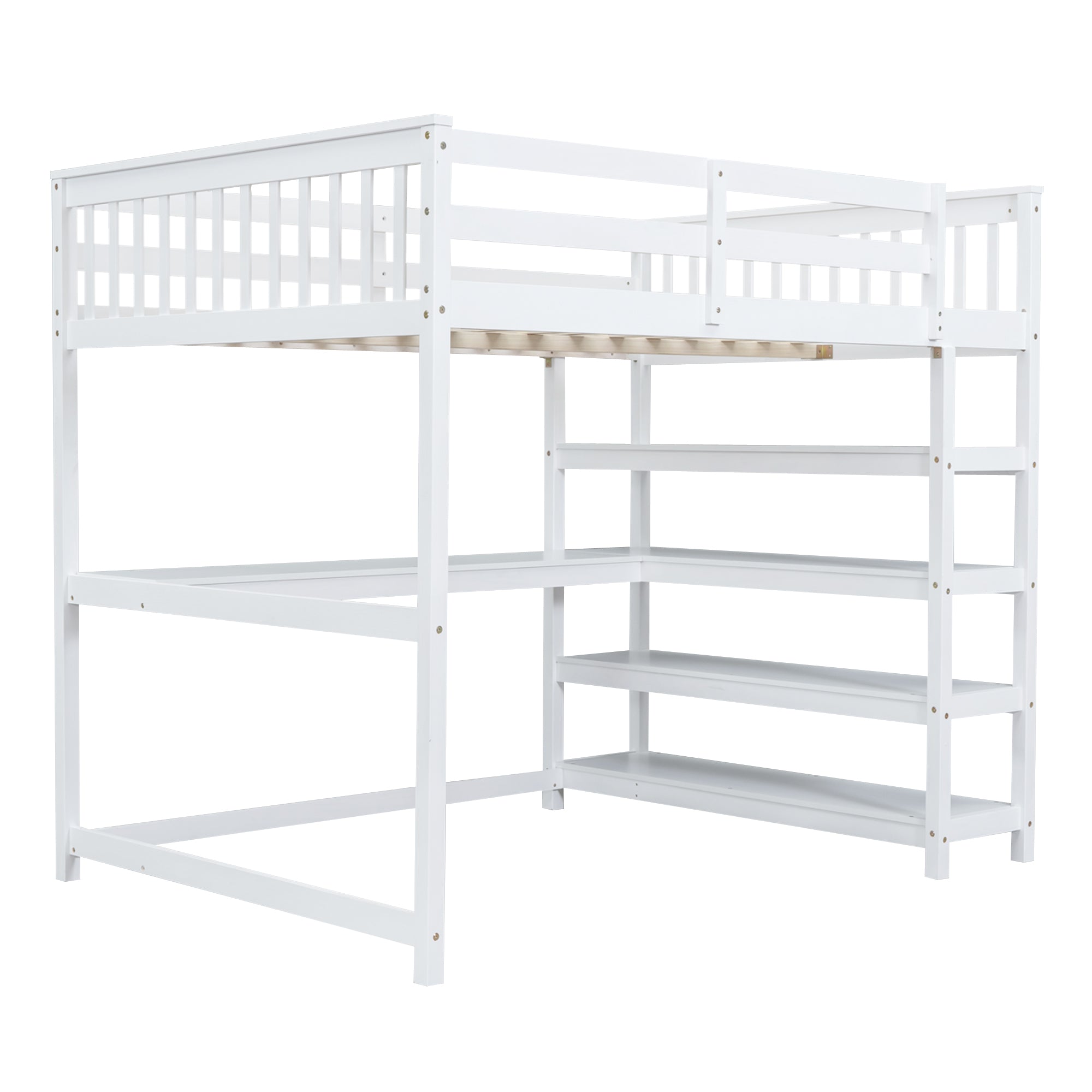 Full Size Loft Bed with Storage Shelves and Under-bed Desk White