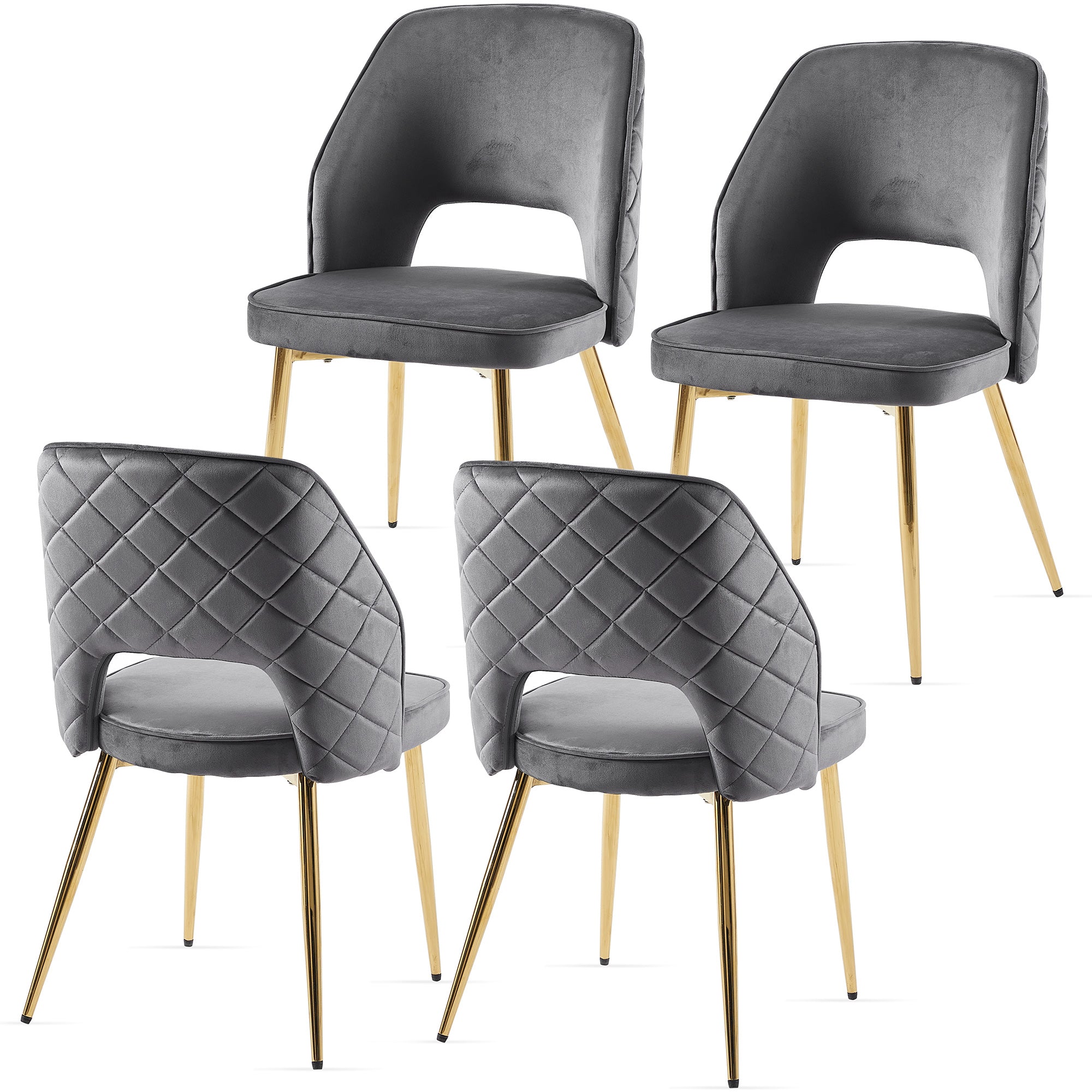 Chaises de salle à manger rembourrées en velours gris avec pieds en métal et dossier creux, lot de 4
