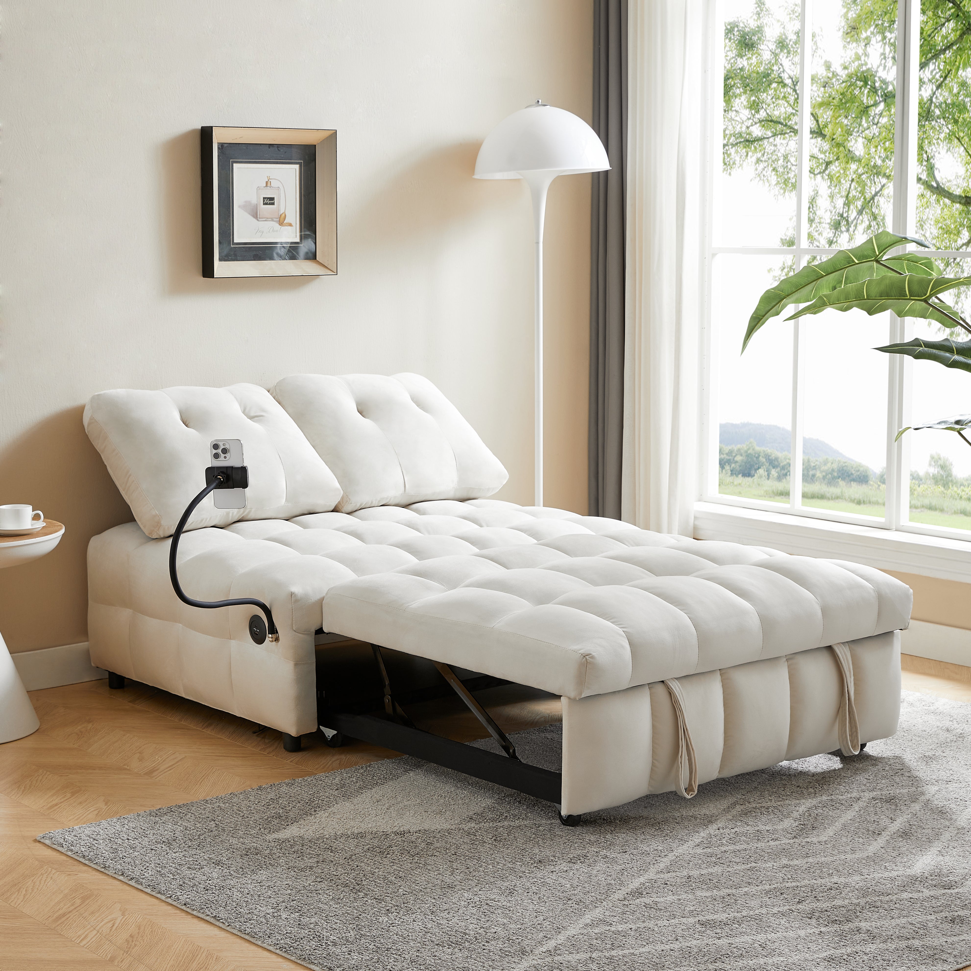 Canapé-lit gigogne moderne en velours, dossier amovible indépendamment, avec port USB et support de téléphone pivotant, beige