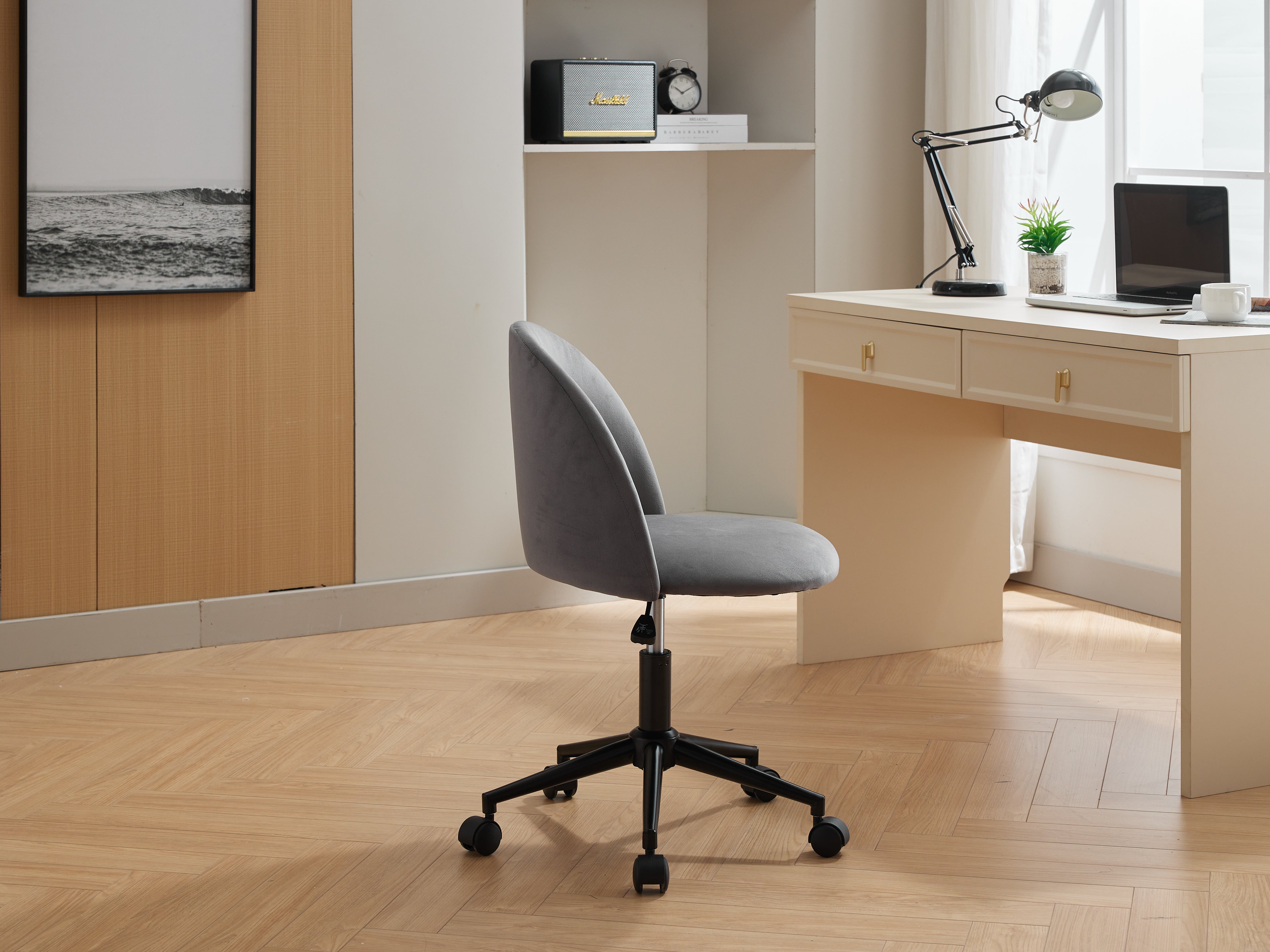 Chaise de bureau en tissu velours, chaise d'ordinateur pivotante réglable à dossier moyen, pieds noirs, chaise de bureau rembourrée avec roulettes