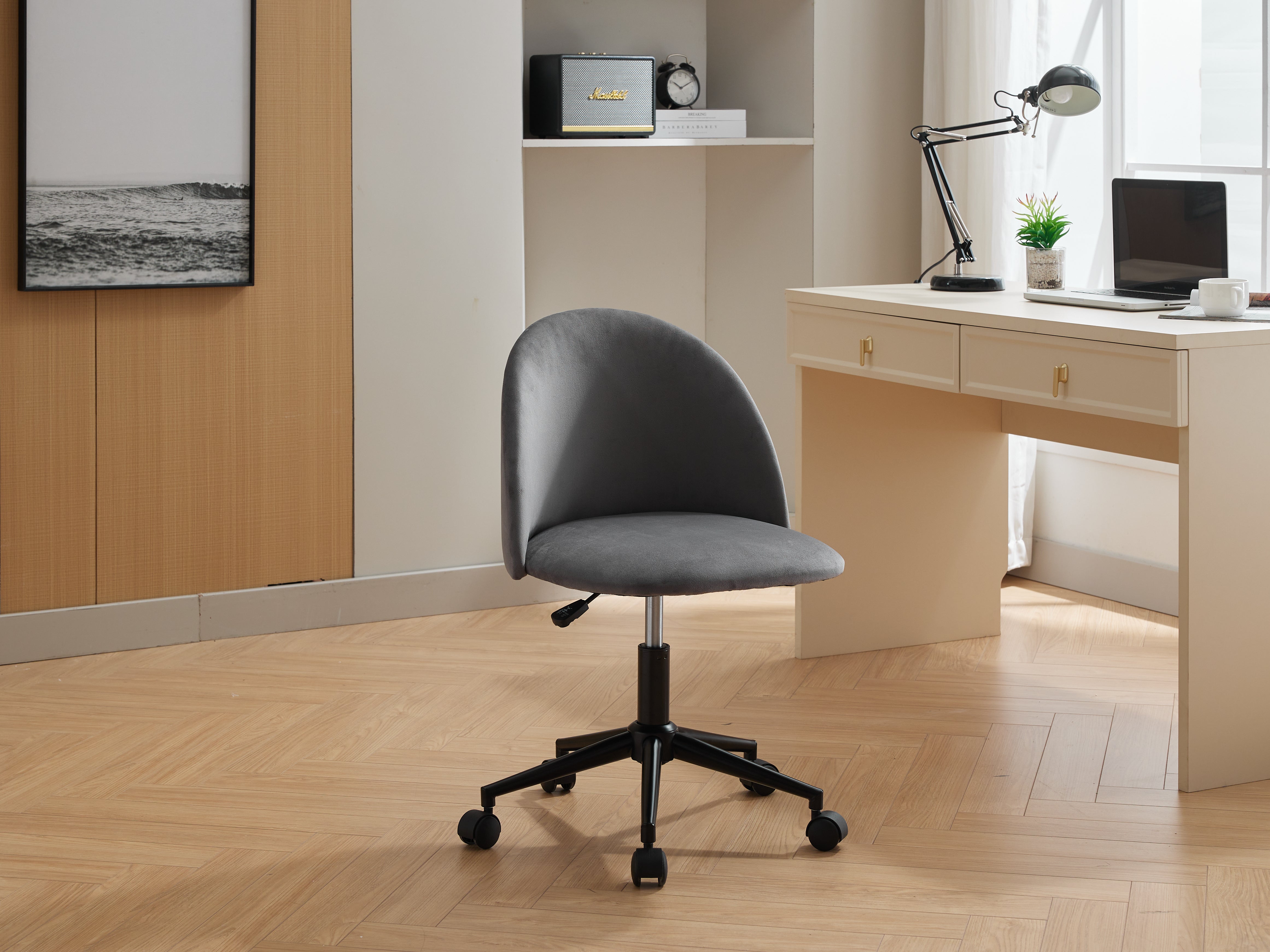 Chaise de bureau en tissu velours, chaise d'ordinateur pivotante réglable à dossier moyen, pieds noirs, chaise de bureau rembourrée avec roulettes