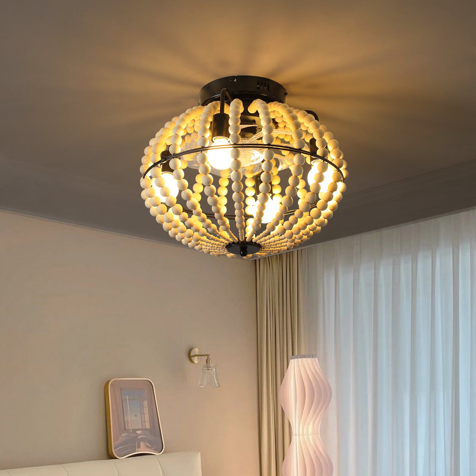 Lampe éventail perlée Lustre en bois perlé Chêne Blanc