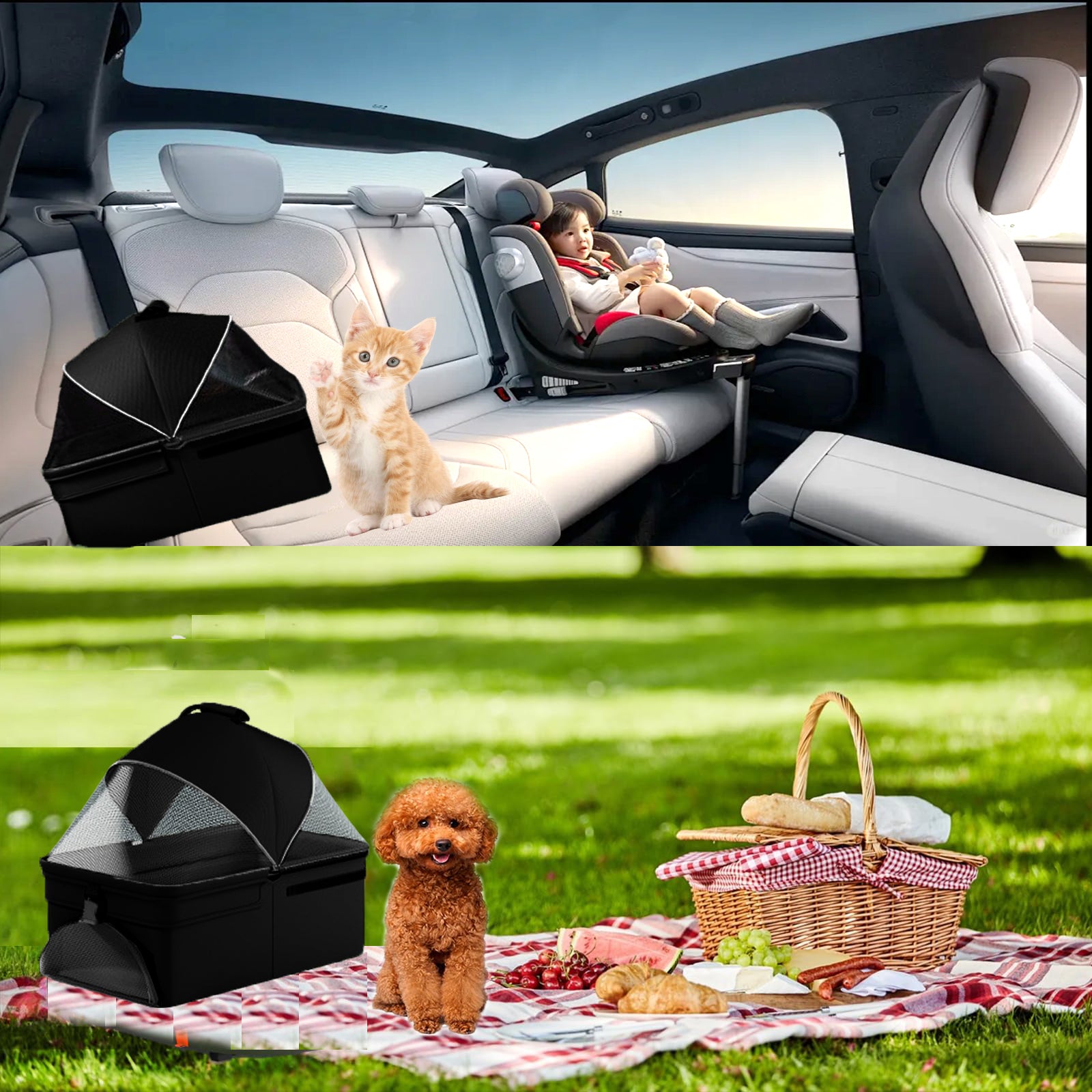 Chariot pliable 2 en 1 pour chien, chariot pliable pour animaux de compagnie, chariot à quatre roues pour chien/chat, coussin imperméable, siège auto, pare-soleil