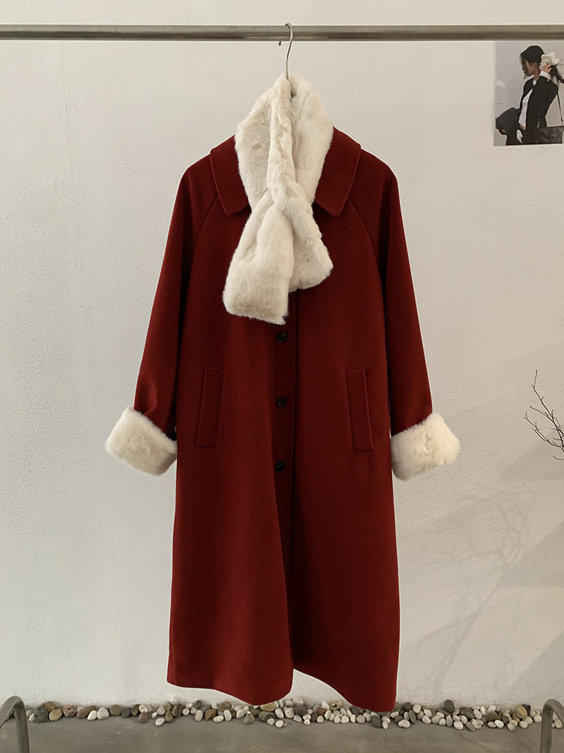 Vintage Wool Coat Mid-Length Padded Thick Woolen Coat with Scarf
